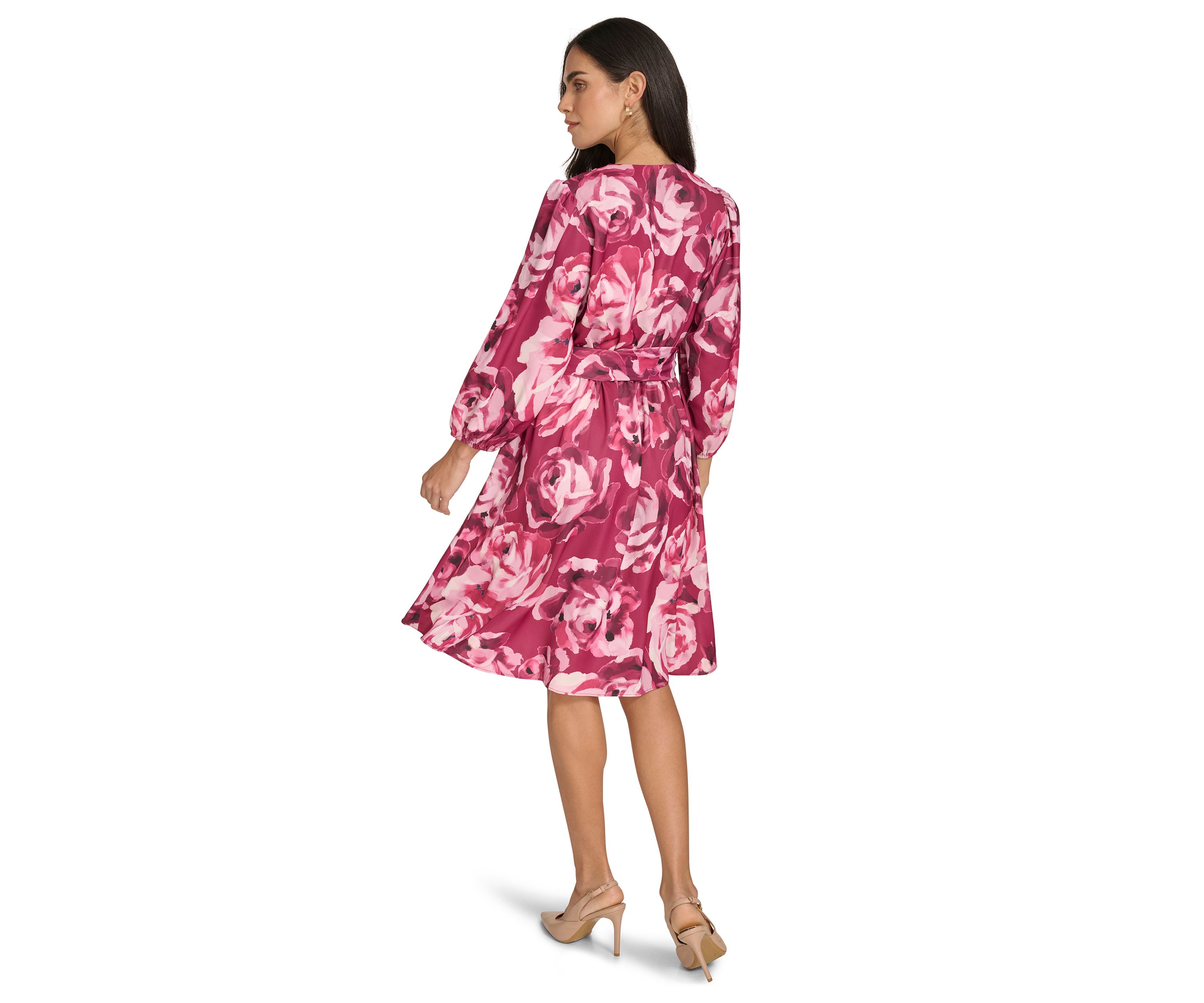 Womens 3/4 Puff Sleeve Tie Waist Floral Fit and Flare Dress