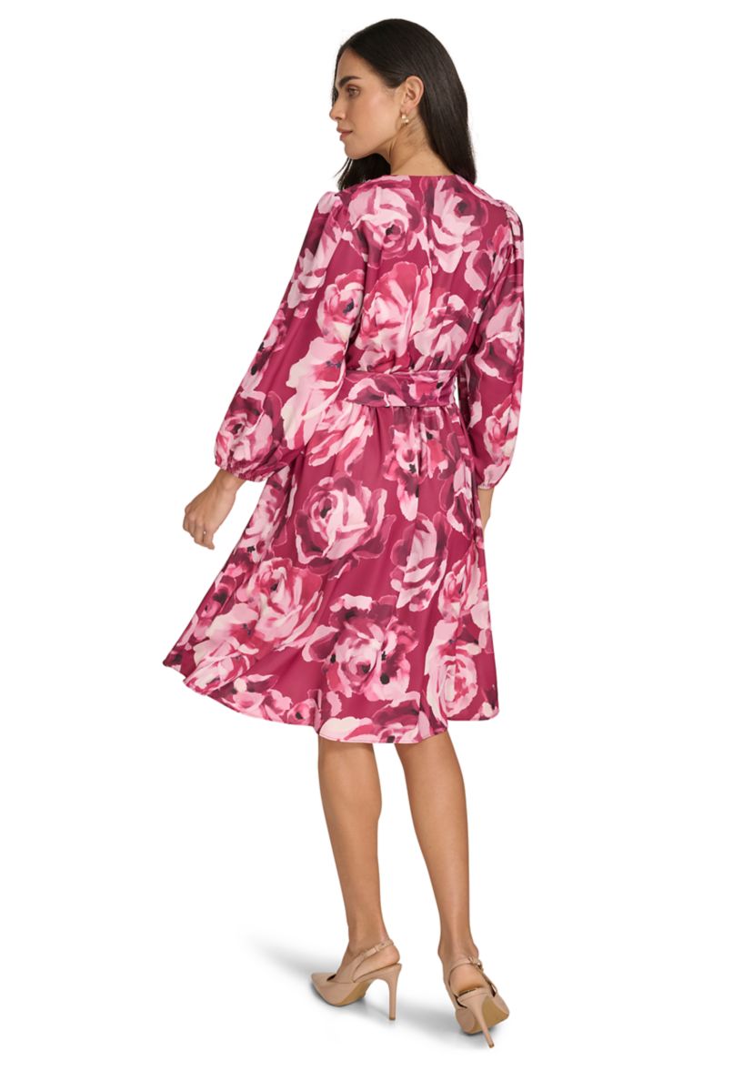 Womens 3/4 Puff Sleeve Tie Waist Floral Fit and Flare Dress