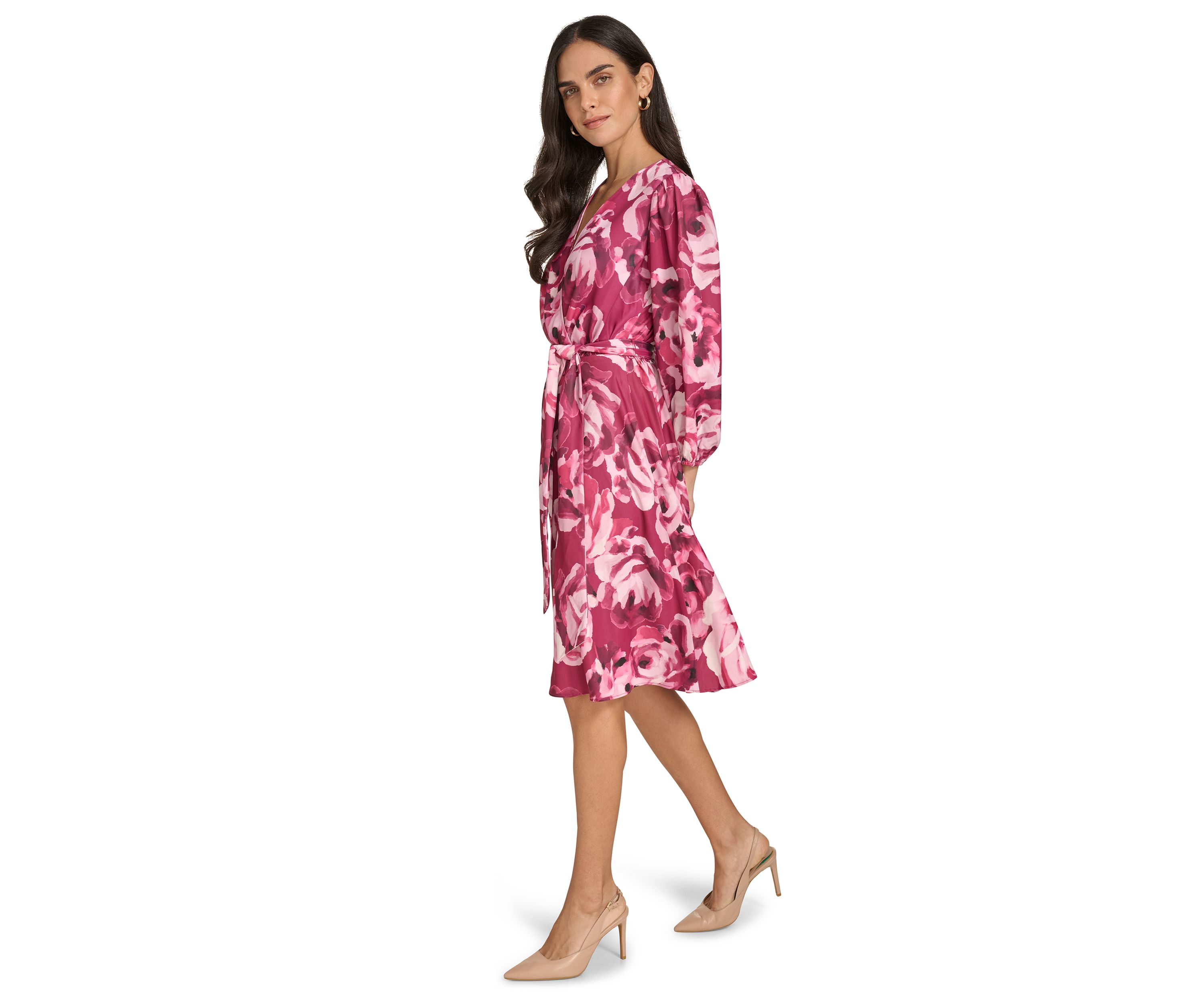 Womens 3/4 Puff Sleeve Tie Waist Floral Fit and Flare Dress