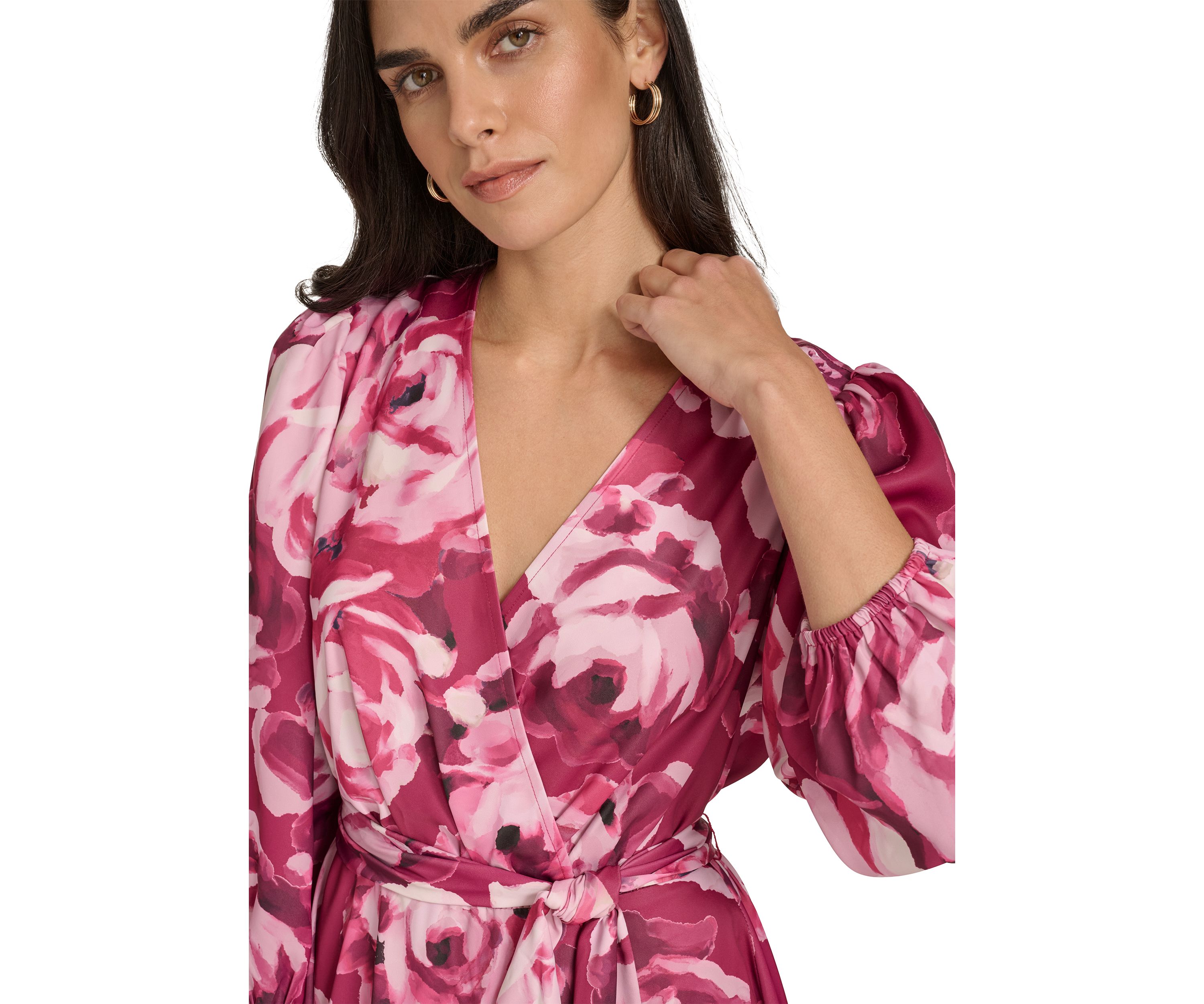 Womens 3/4 Puff Sleeve Tie Waist Floral Fit and Flare Dress