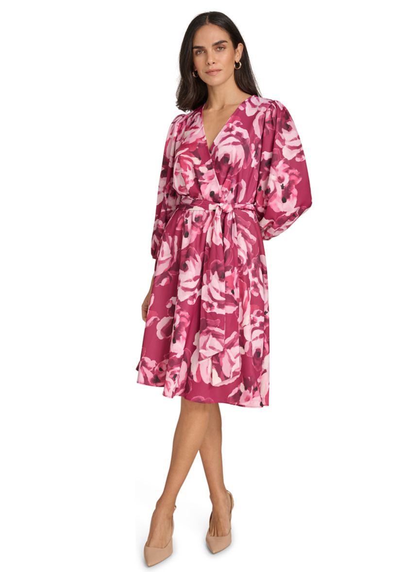 Womens 3/4 Puff Sleeve Tie Waist Floral Fit and Flare Dress