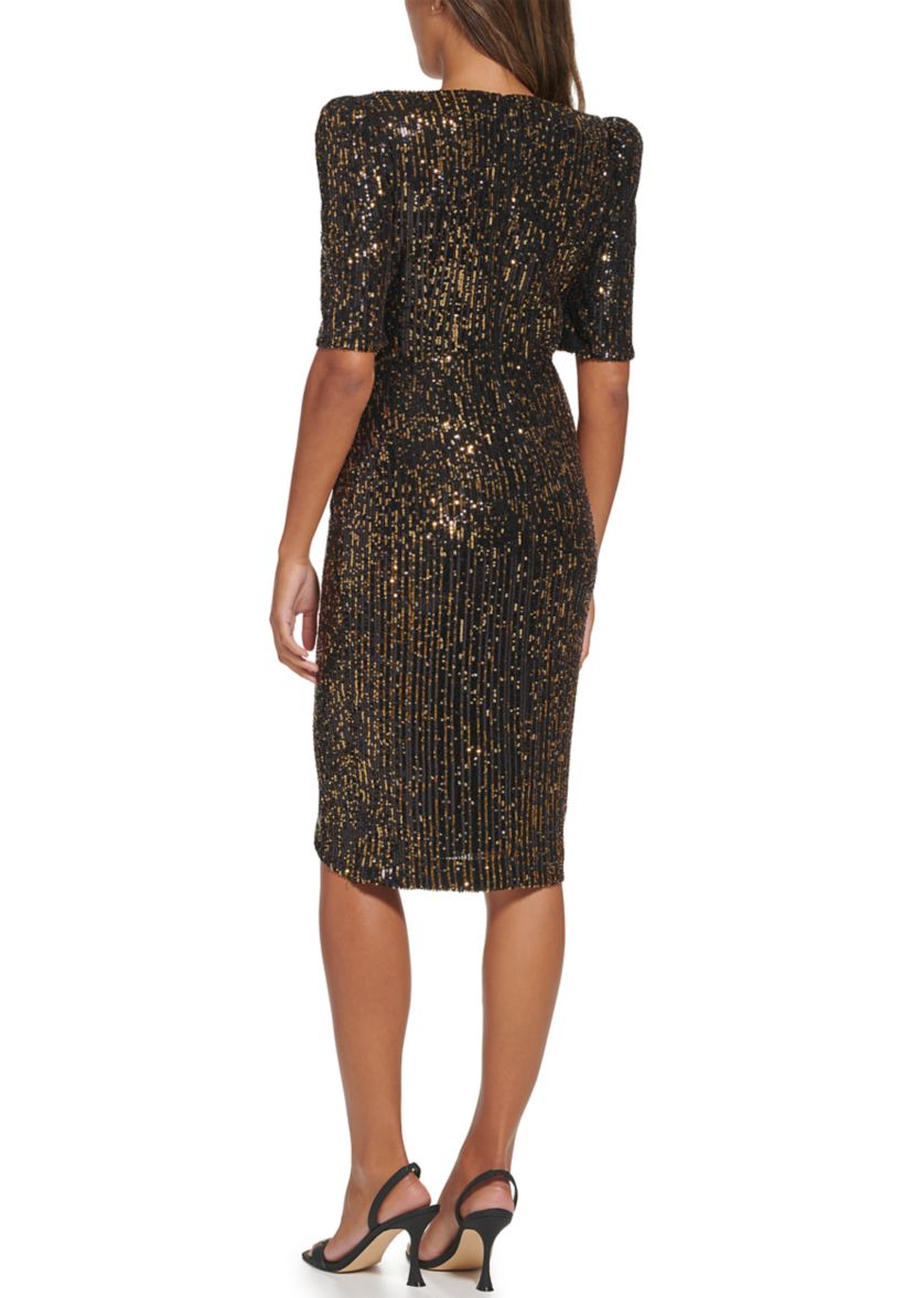 Womens Short Sleeve V-Neck Solid Sequin A-Line Dress