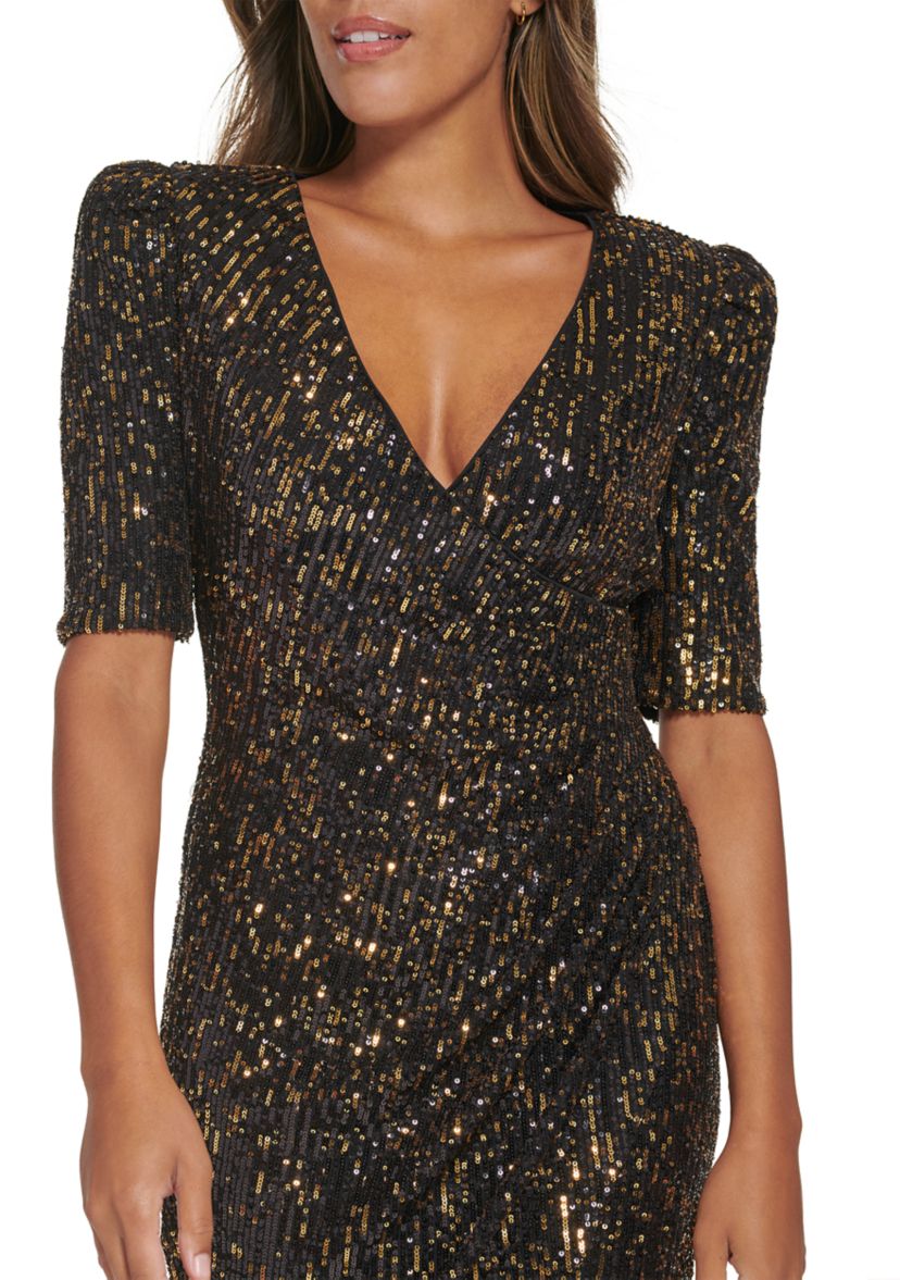 Womens Short Sleeve V-Neck Solid Sequin A-Line Dress