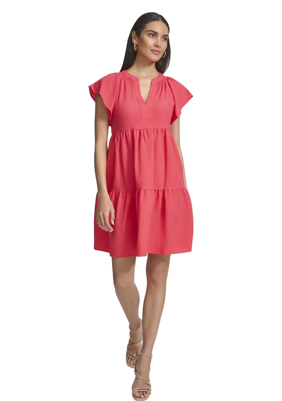 Womens Flutter Sleeve V-Neck Gauze Dress