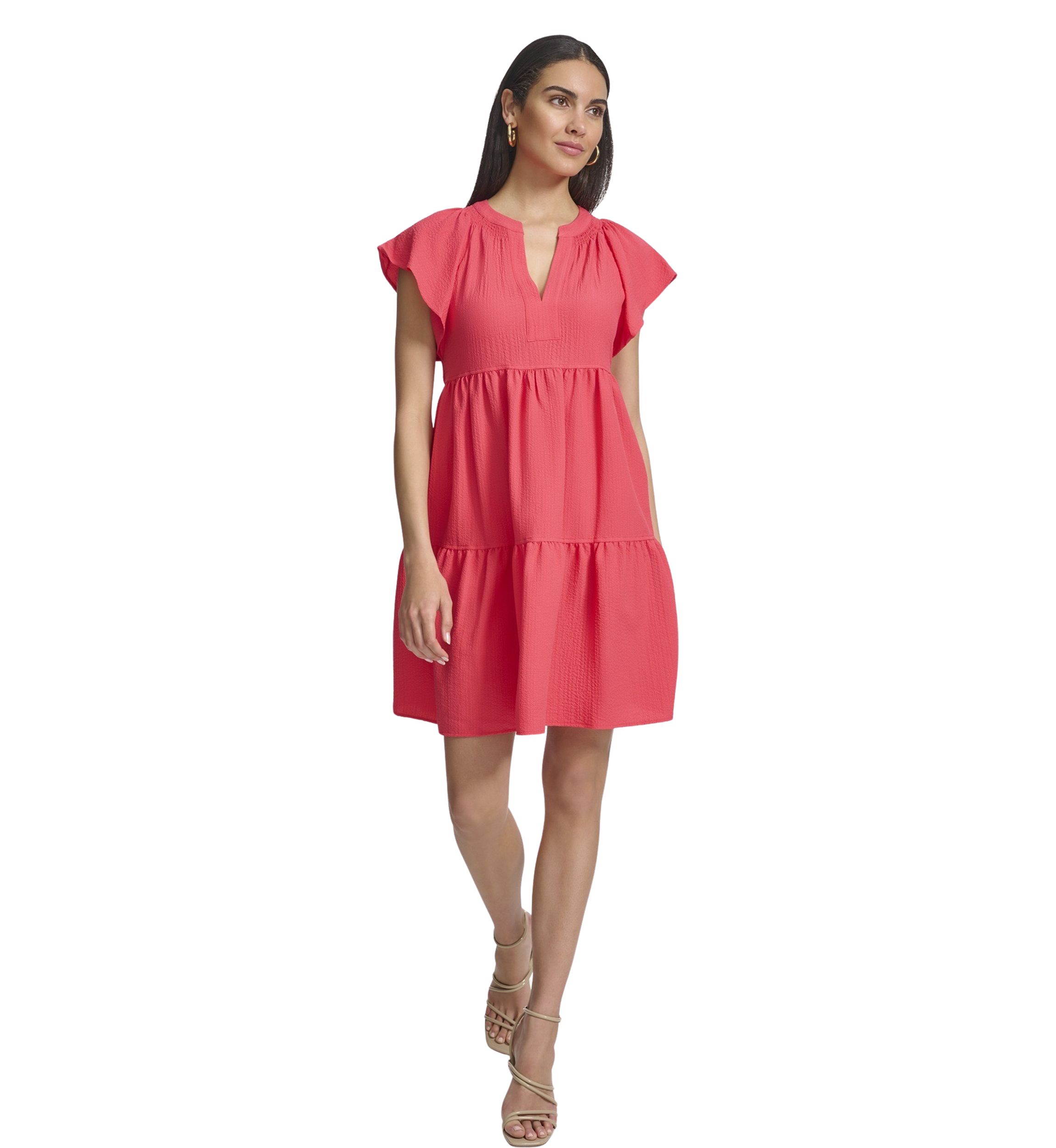 Womens Flutter Sleeve V-Neck Gauze Dress