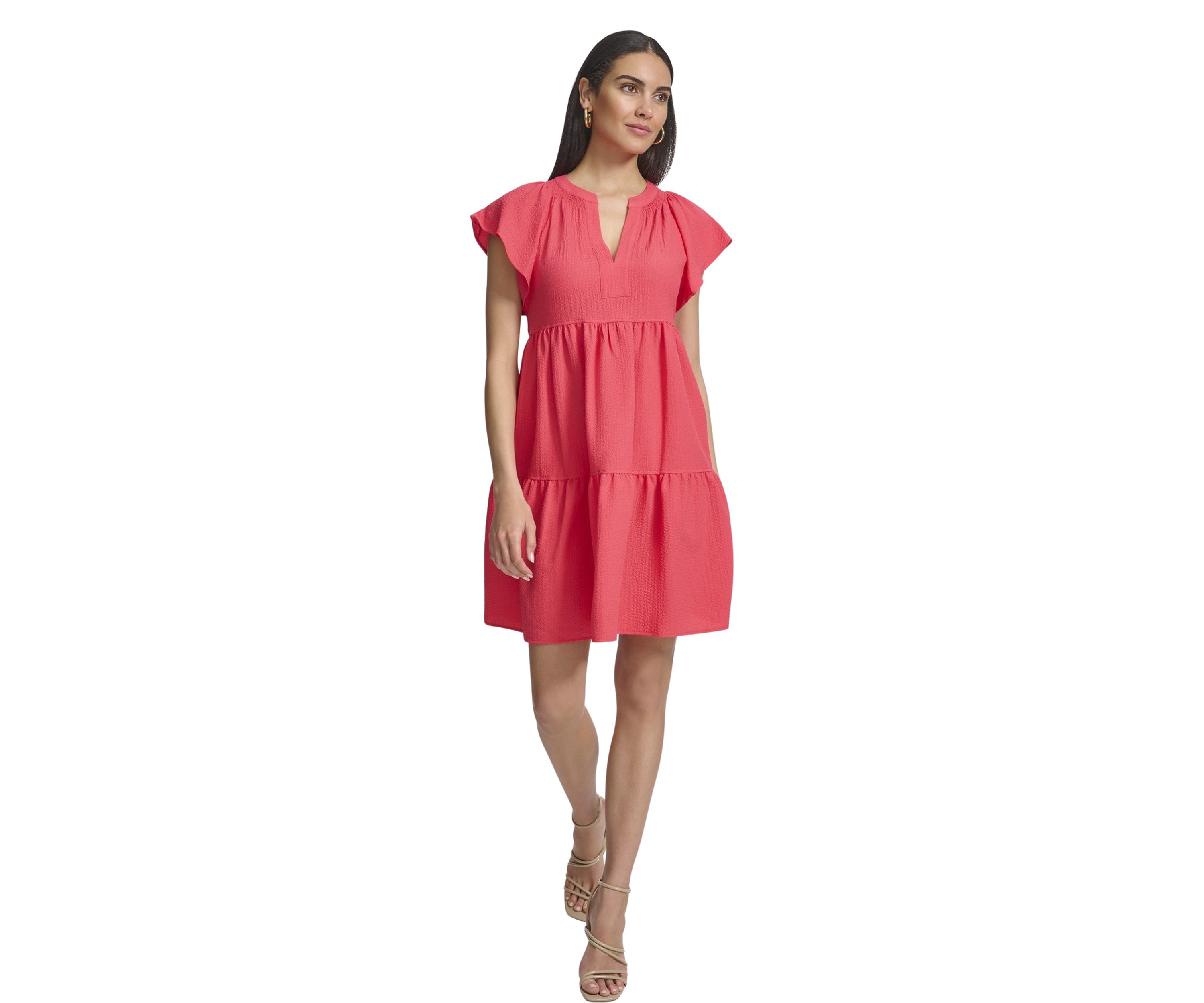 Womens Flutter Sleeve V-Neck Gauze Dress