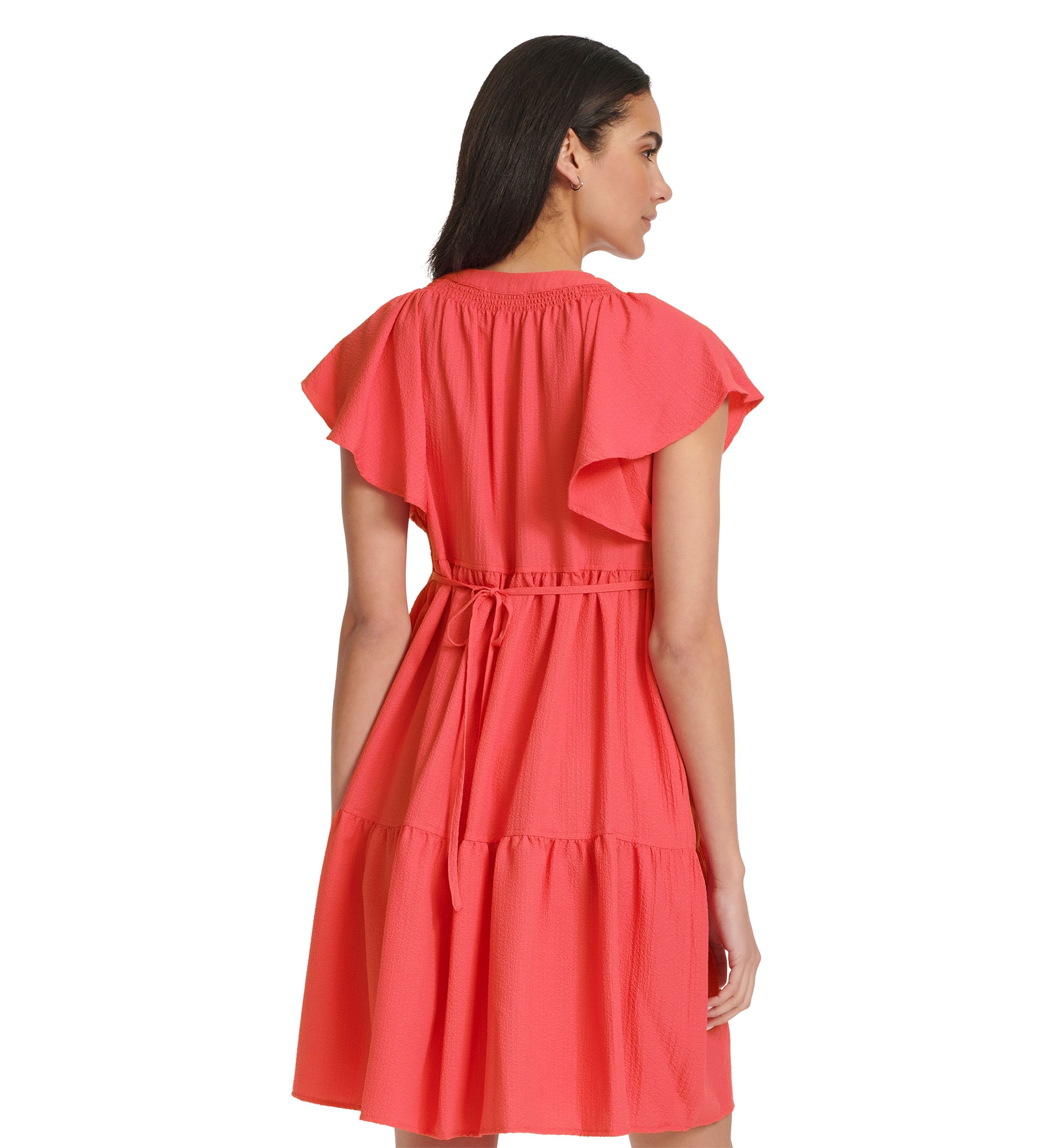 Womens Flutter Sleeve V-Neck Gauze Dress