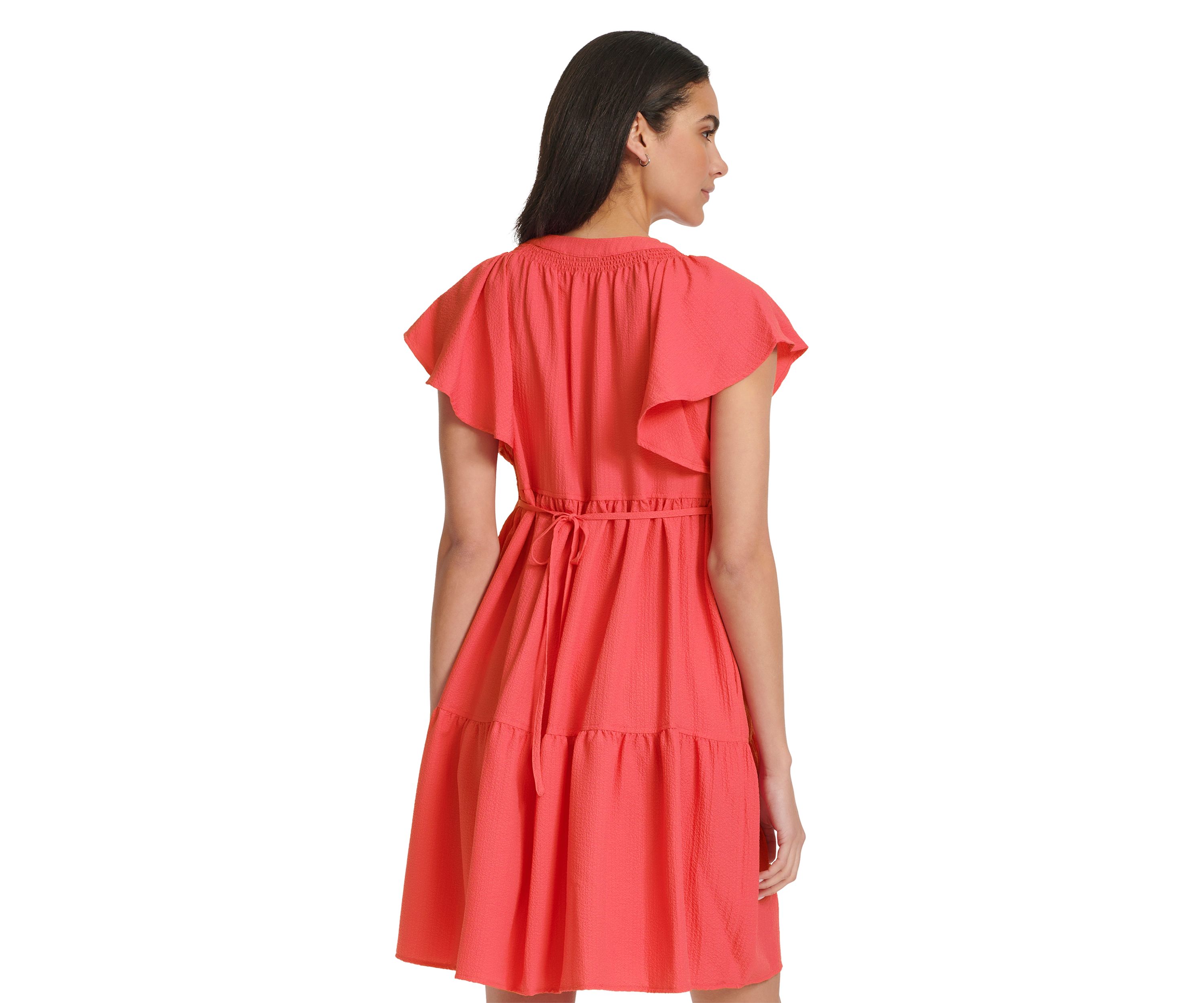Womens Flutter Sleeve V-Neck Gauze Dress
