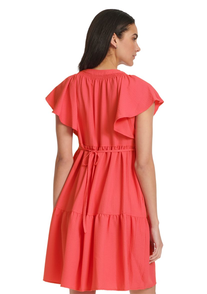 Womens Flutter Sleeve V-Neck Gauze Dress