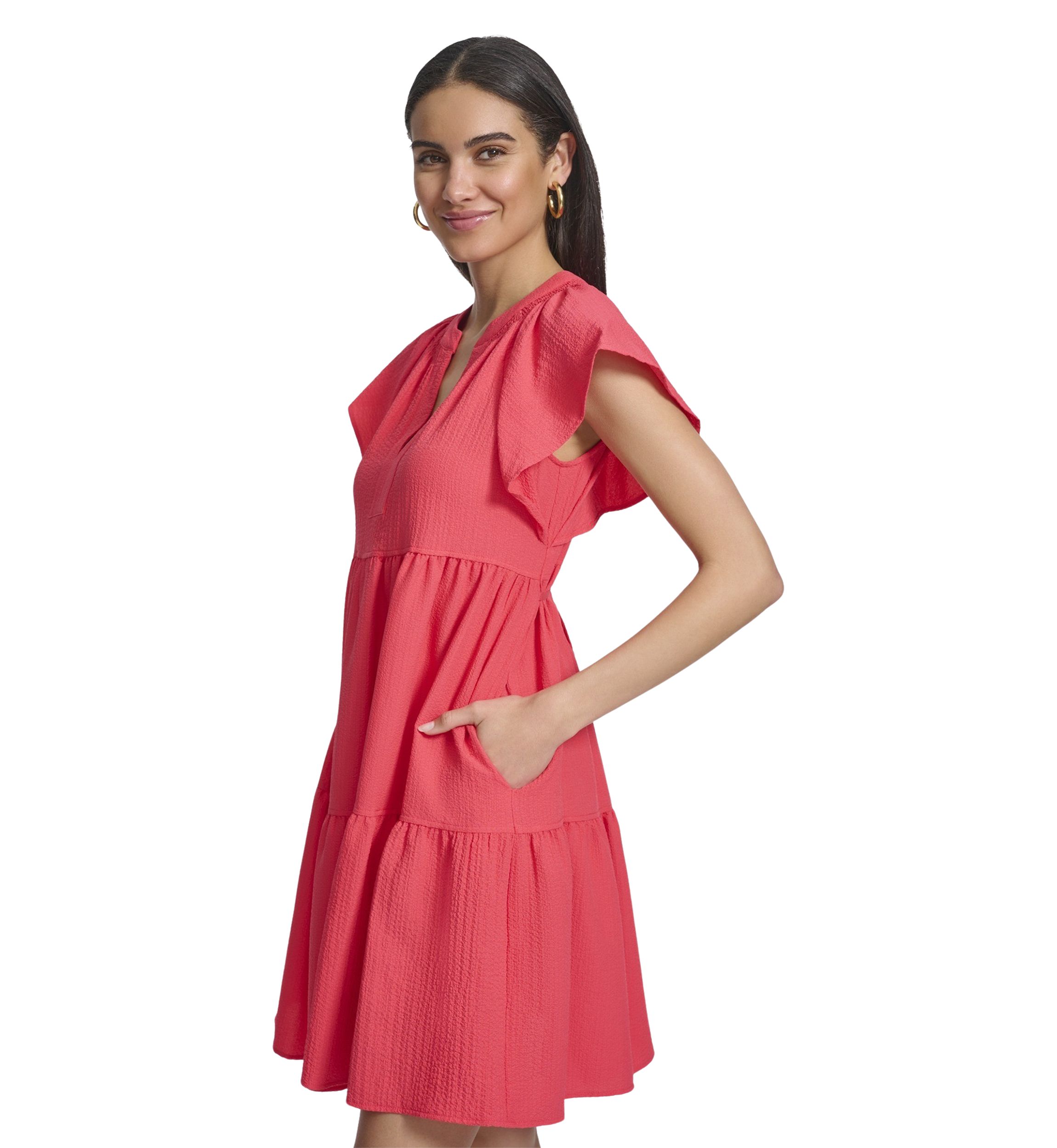 Womens Flutter Sleeve V-Neck Gauze Dress