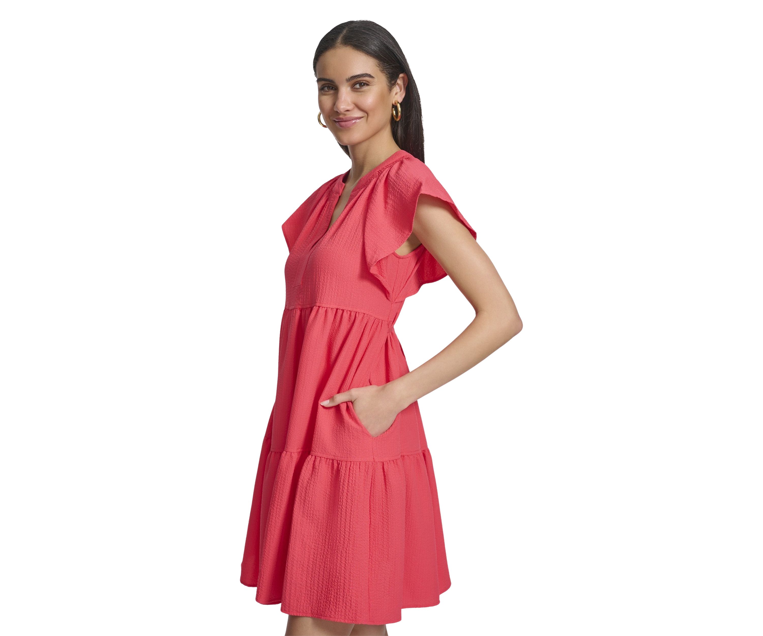 Womens Flutter Sleeve V-Neck Gauze Dress