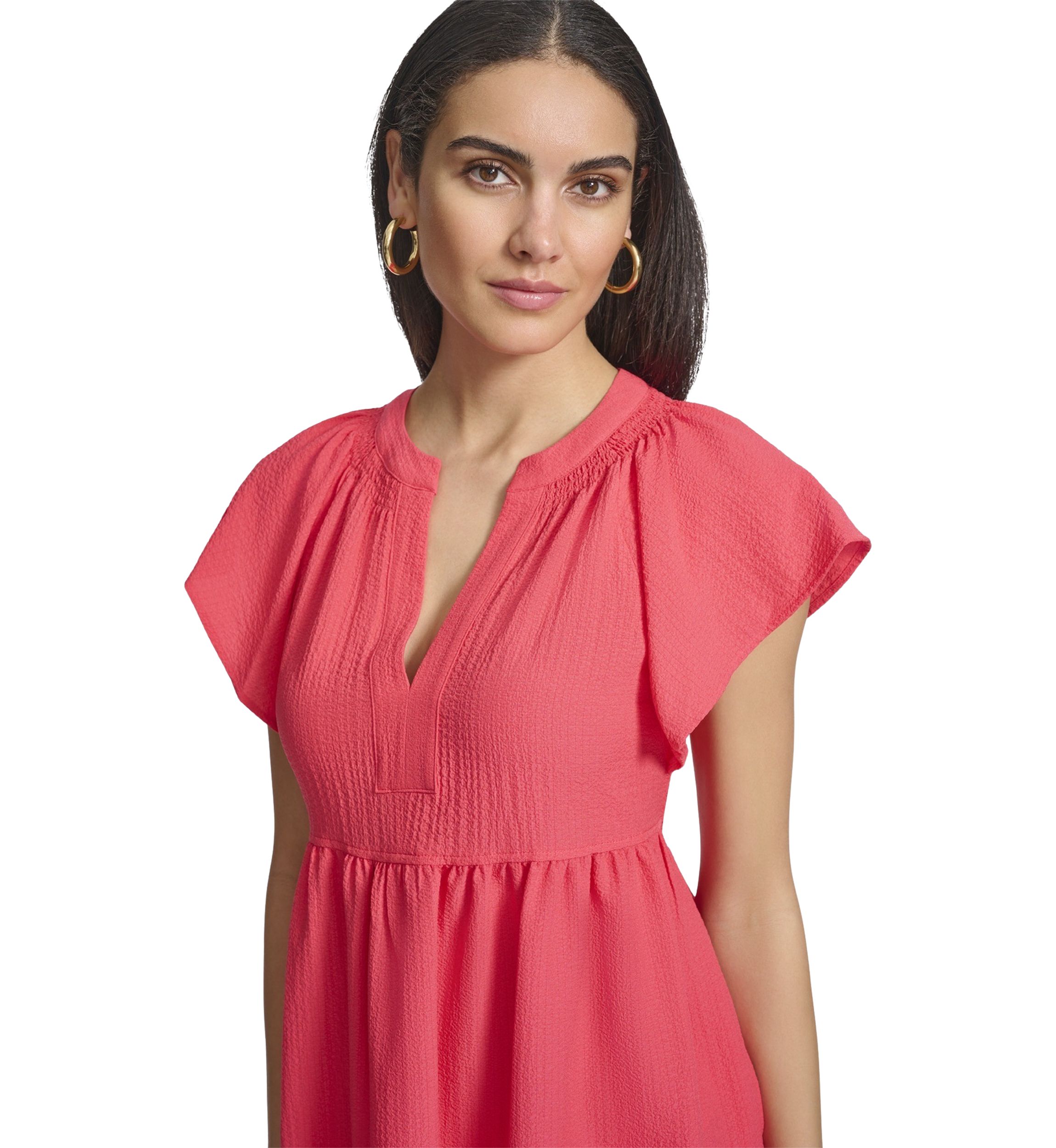Womens Flutter Sleeve V-Neck Gauze Dress