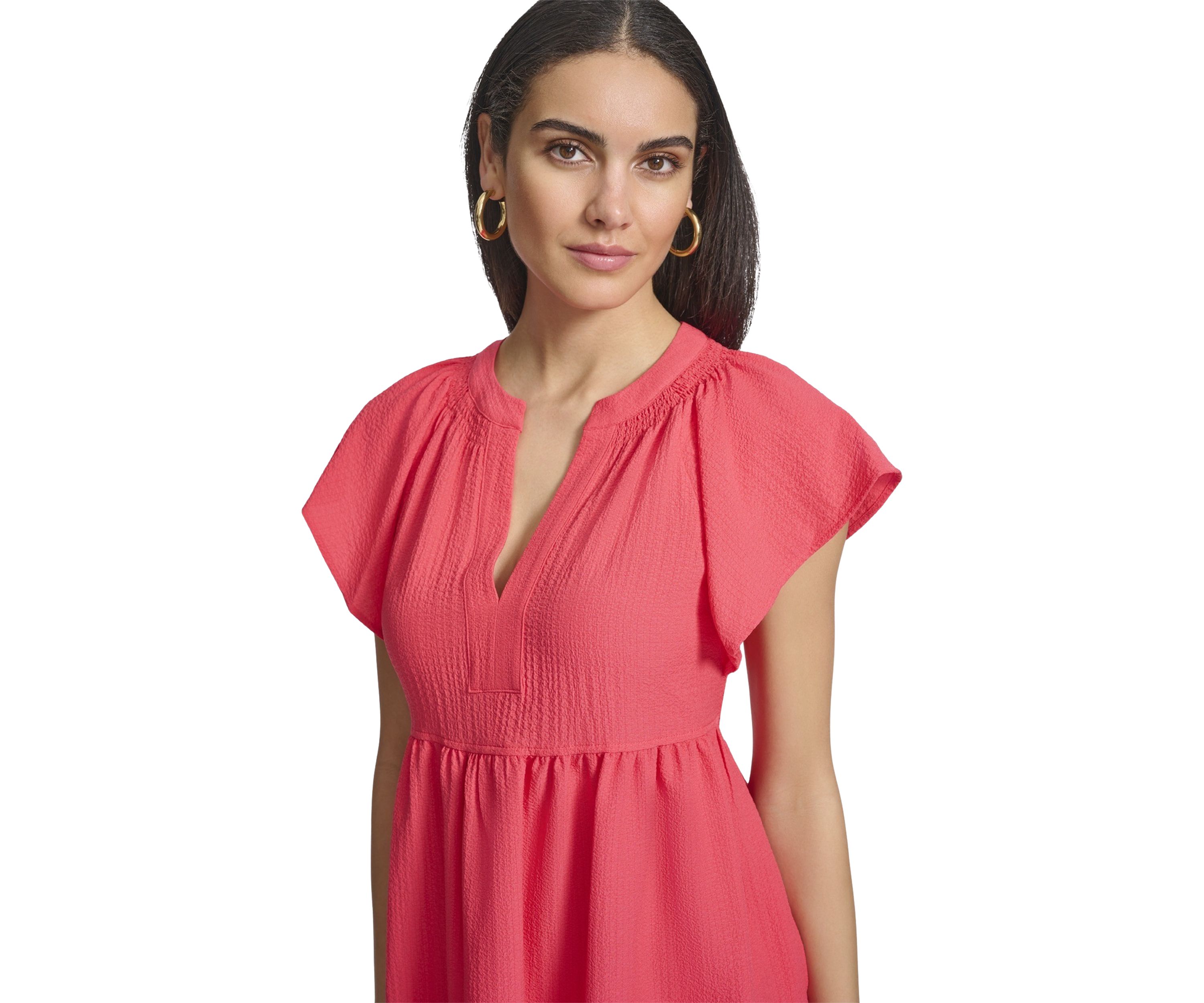 Womens Flutter Sleeve V-Neck Gauze Dress