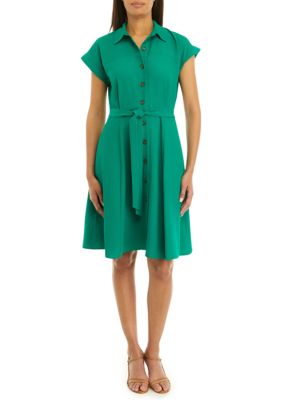 Calvin Klein Women's Short Sleeve Collared Solid Gauze Fit and Flare Dress, 4