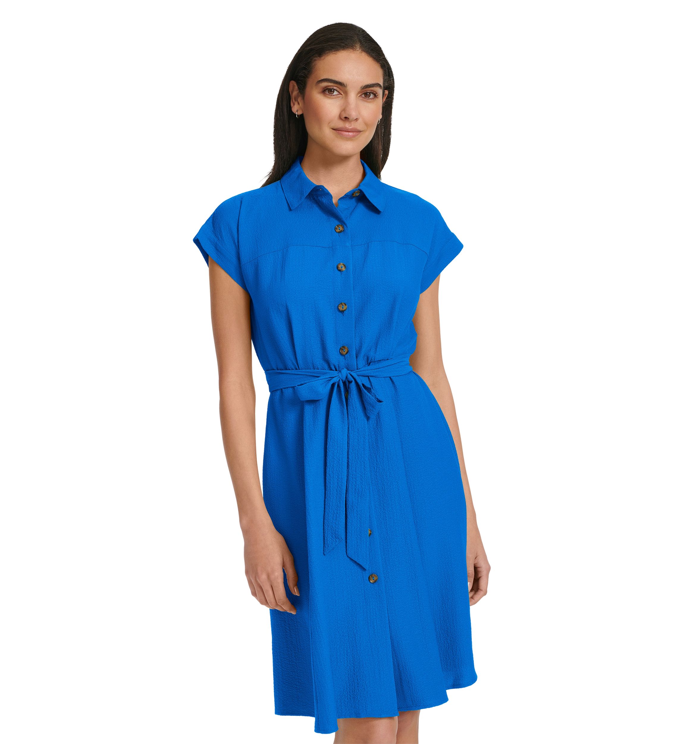 Womens Short Sleeve Collared Solid Gauze Fit and Flare Dress