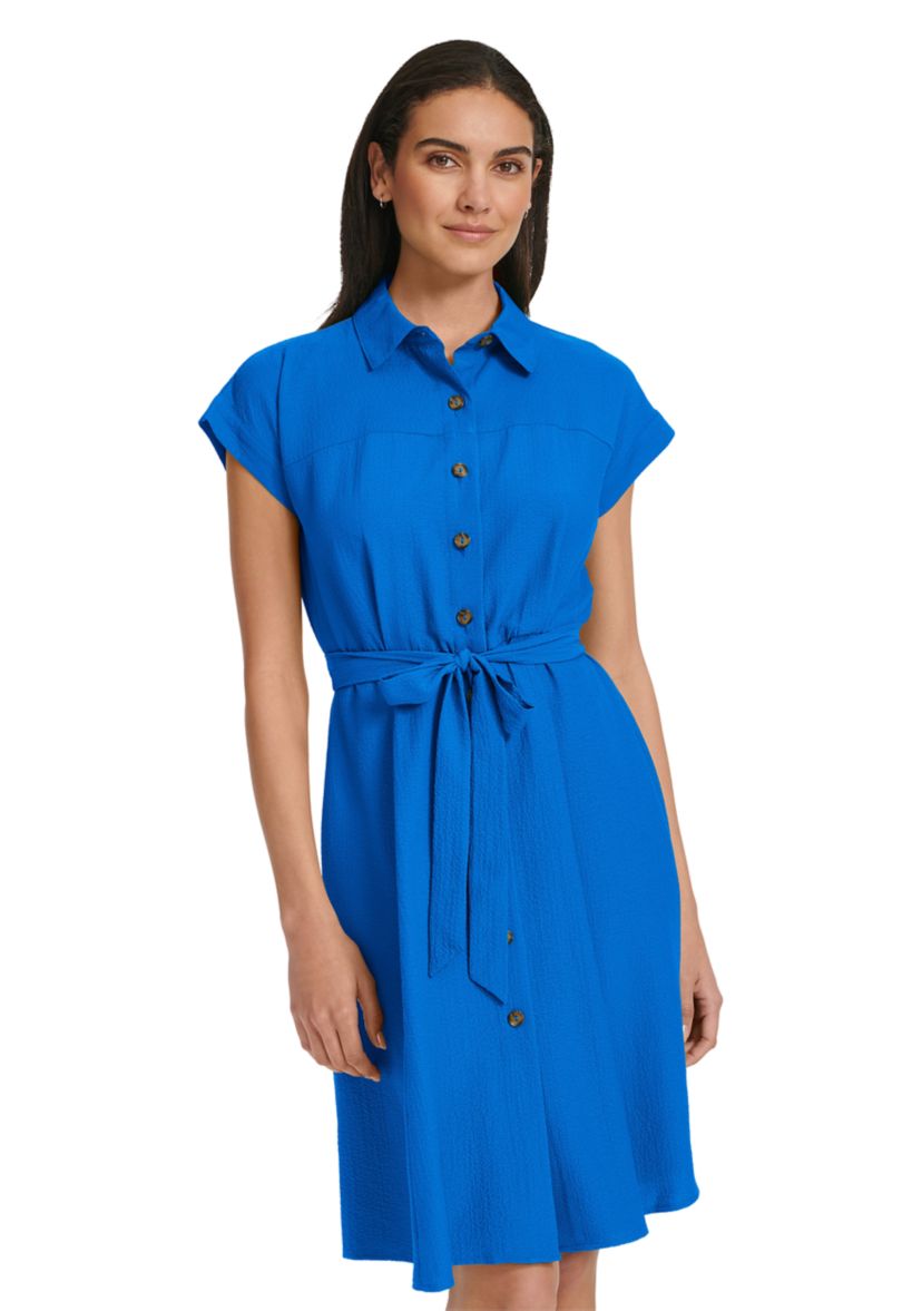 Womens Short Sleeve Collared Solid Gauze Fit and Flare Dress
