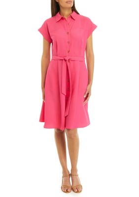 Calvin Klein Women's Short Sleeve Collared Solid Gauze Fit and Flare Dress, 2