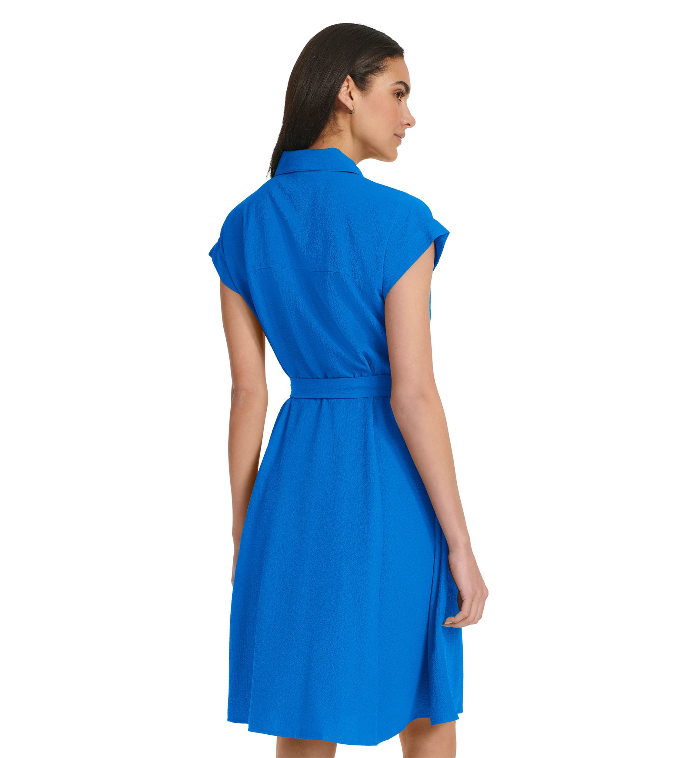 Womens Short Sleeve Collared Solid Gauze Fit and Flare Dress
