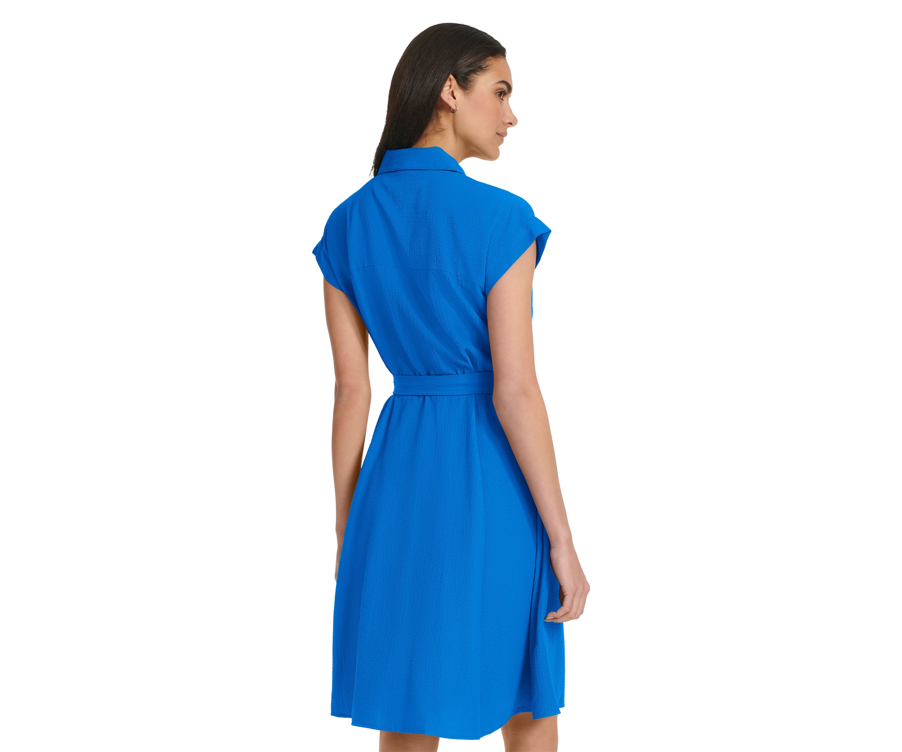 Womens Short Sleeve Collared Solid Gauze Fit and Flare Dress