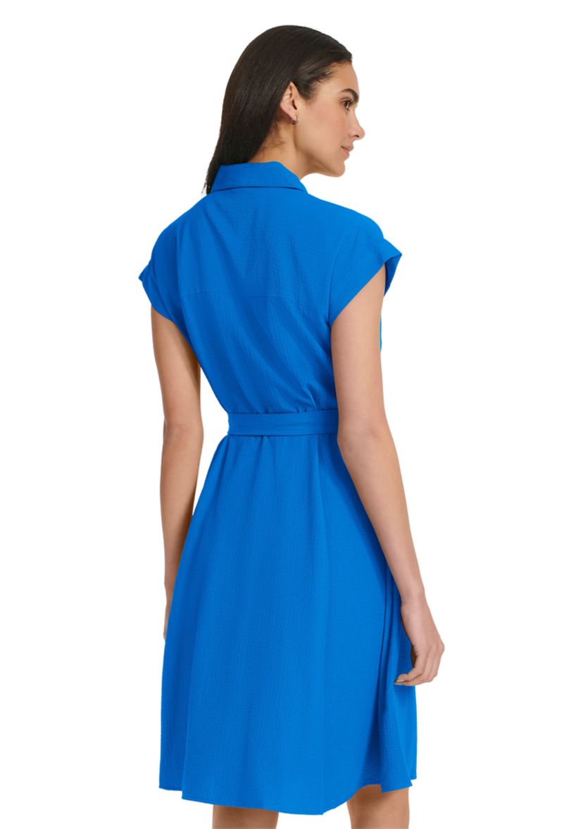Womens Short Sleeve Collared Solid Gauze Fit and Flare Dress