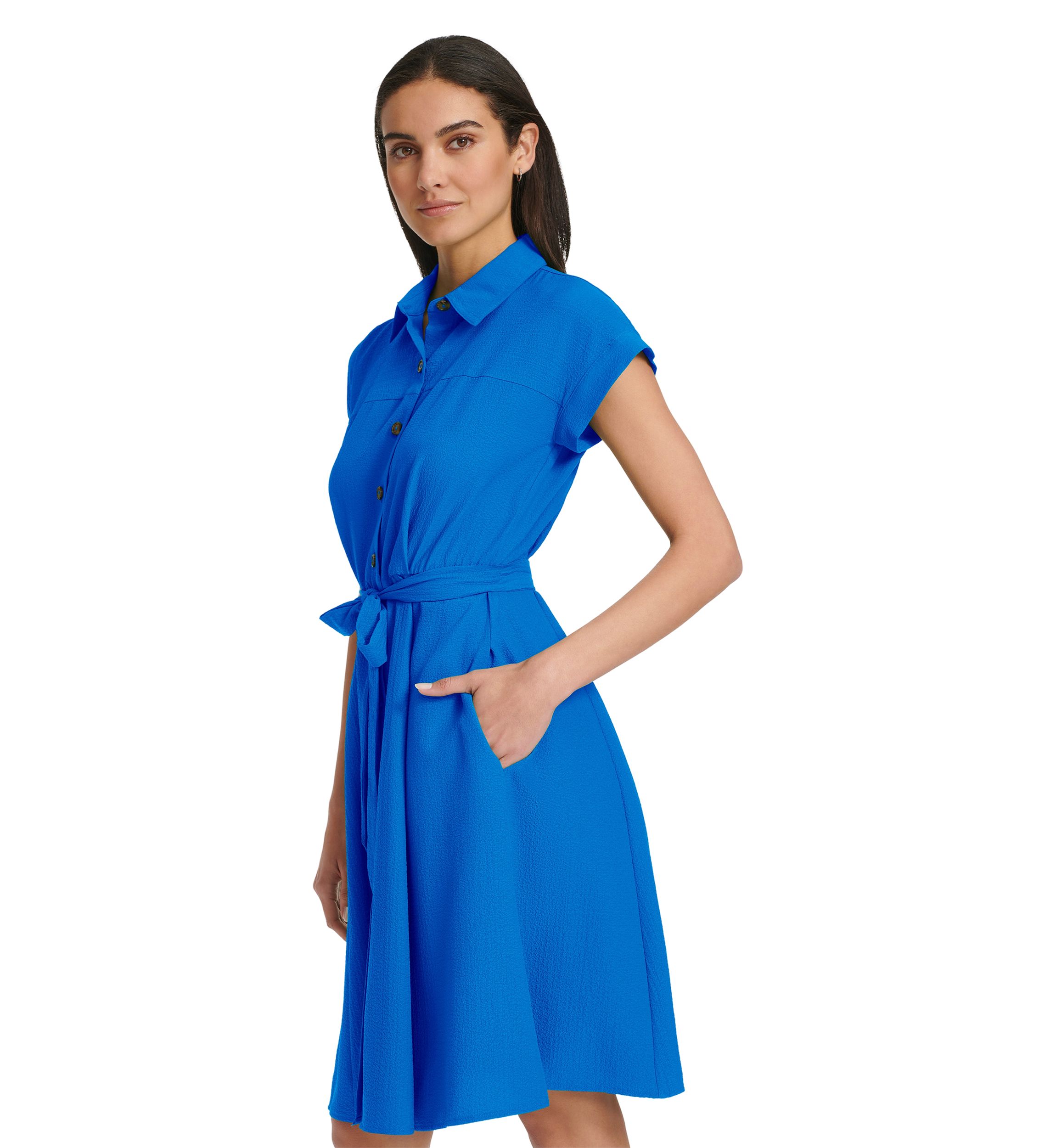 Womens Short Sleeve Collared Solid Gauze Fit and Flare Dress