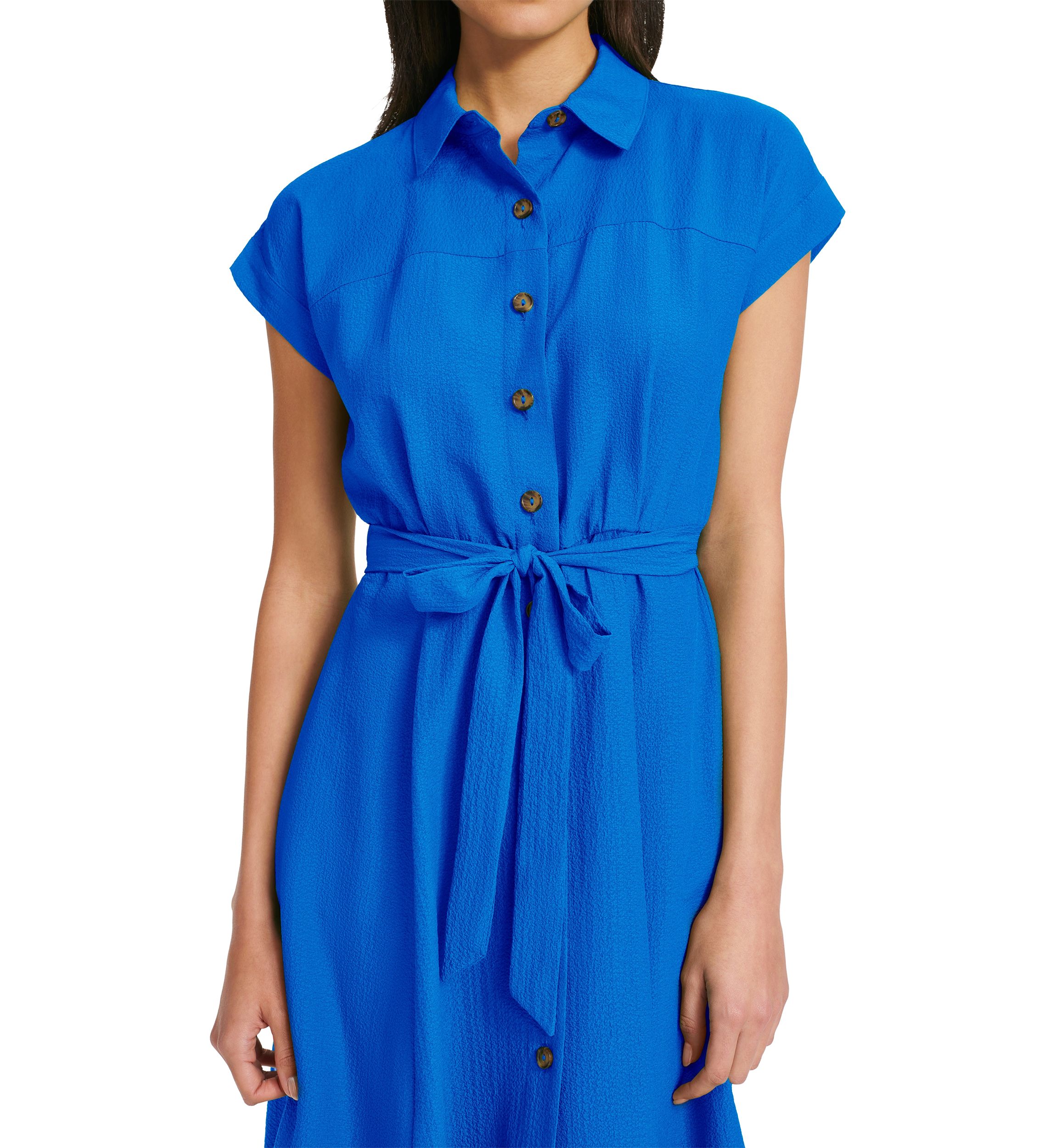 Womens Short Sleeve Collared Solid Gauze Fit and Flare Dress