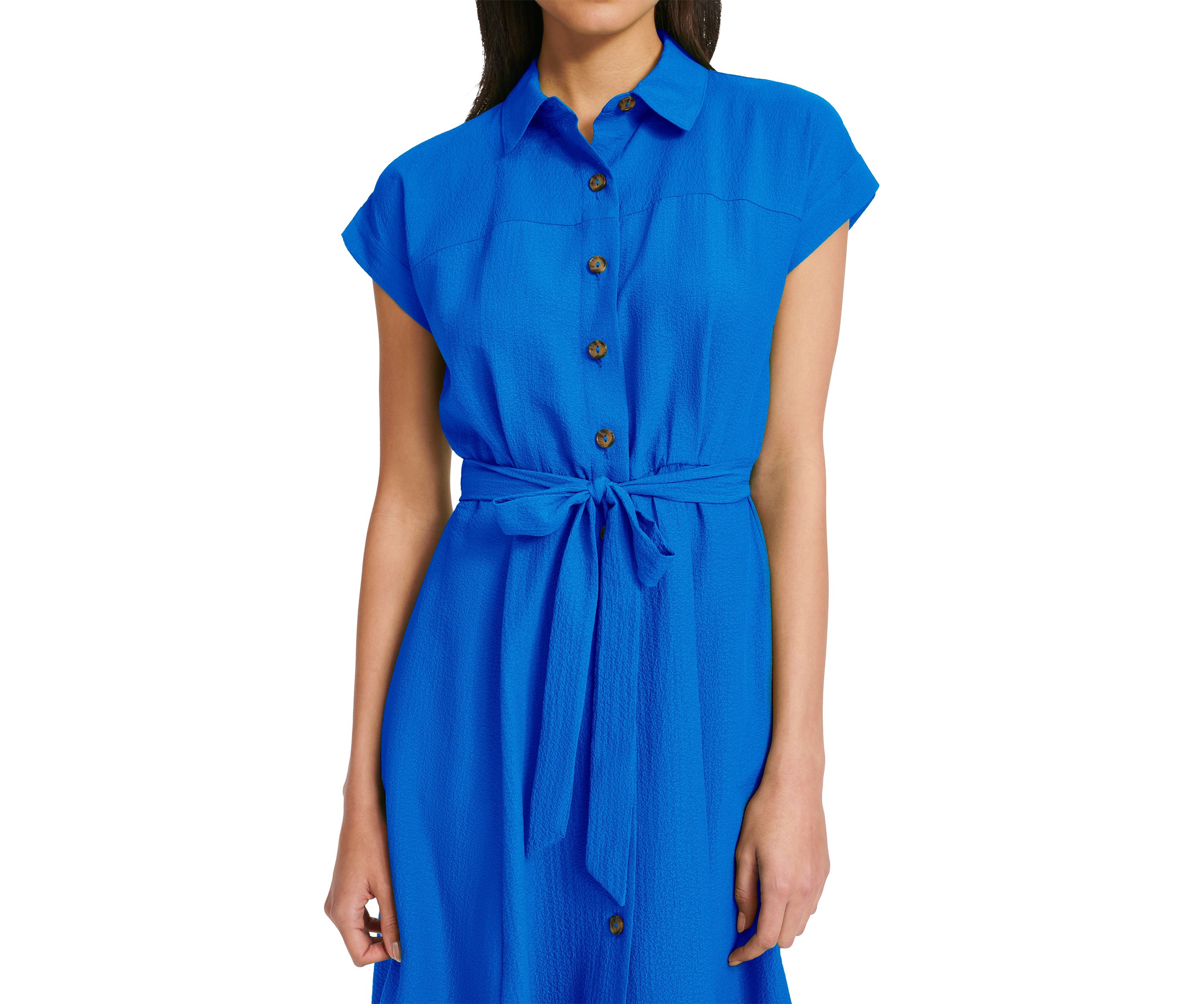 Womens Short Sleeve Collared Solid Gauze Fit and Flare Dress