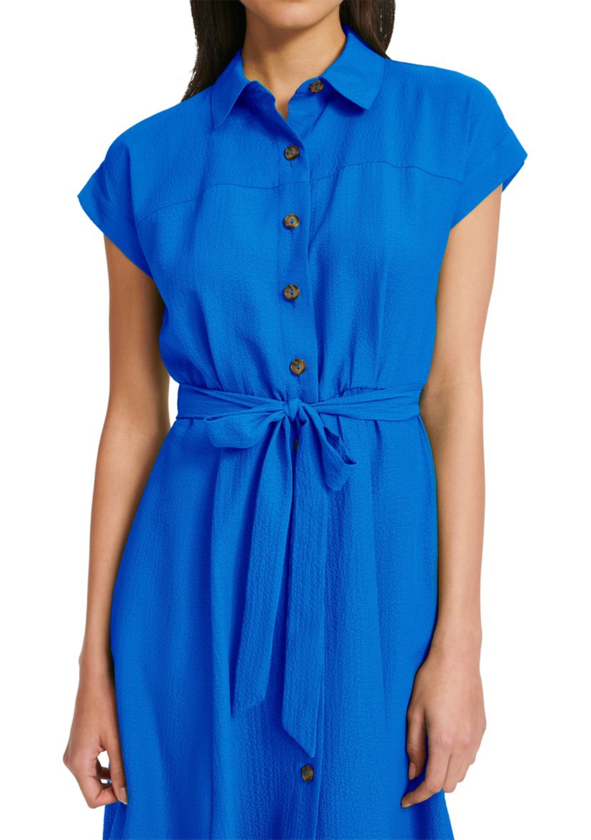 Womens Short Sleeve Collared Solid Gauze Fit and Flare Dress