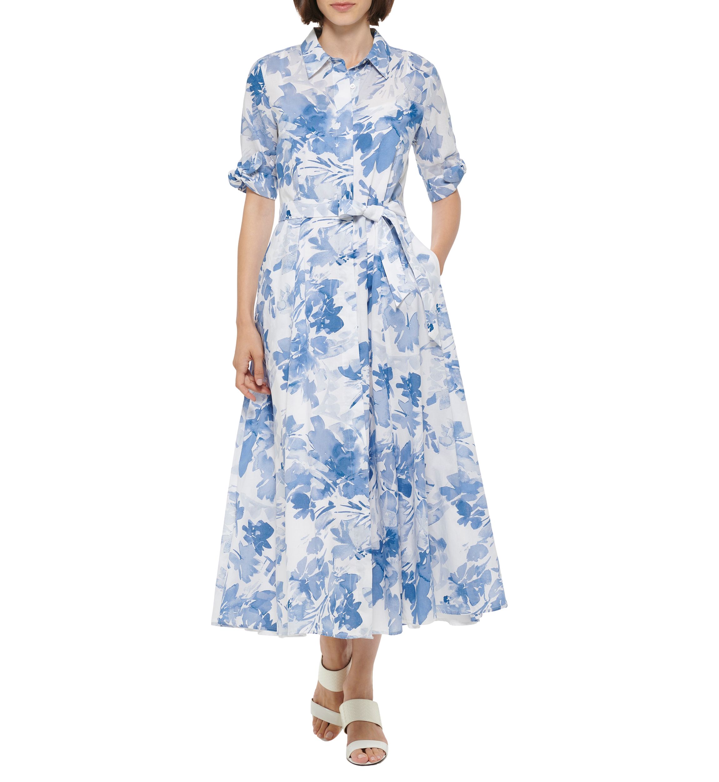 Womens Short Sleeve Collar Neck Floral Print Midi Dress