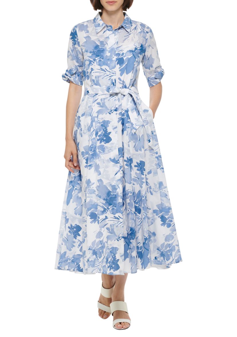 Womens Short Sleeve Collar Neck Floral Print Midi Dress