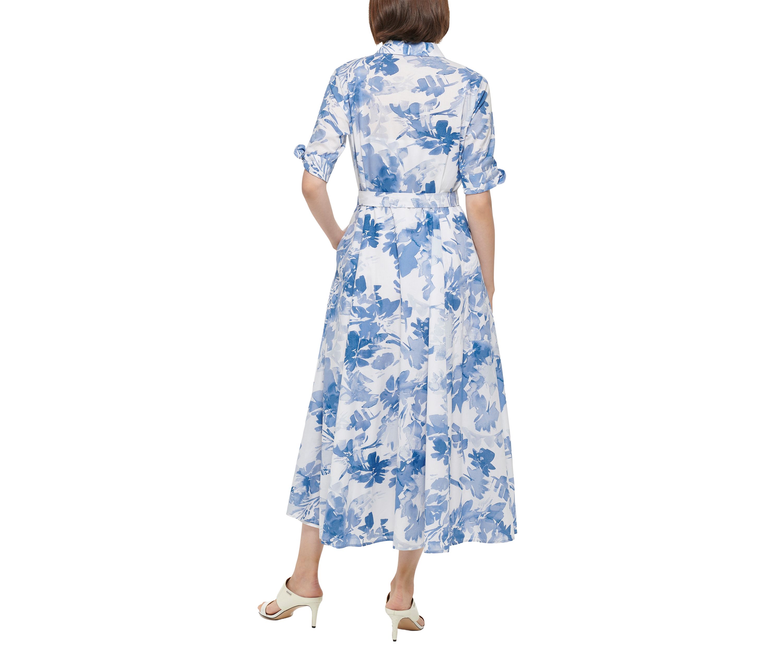 Womens Short Sleeve Collar Neck Floral Print Midi Dress