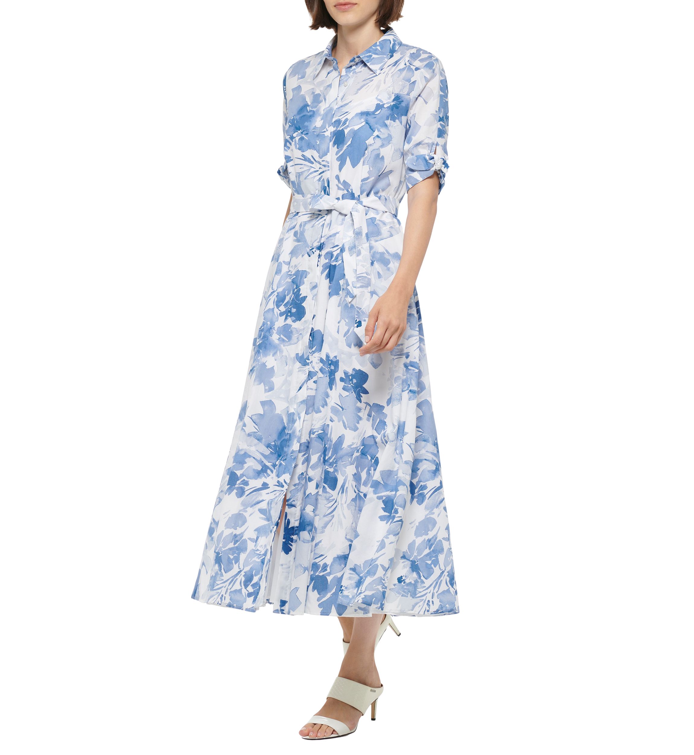 Womens Short Sleeve Collar Neck Floral Print Midi Dress