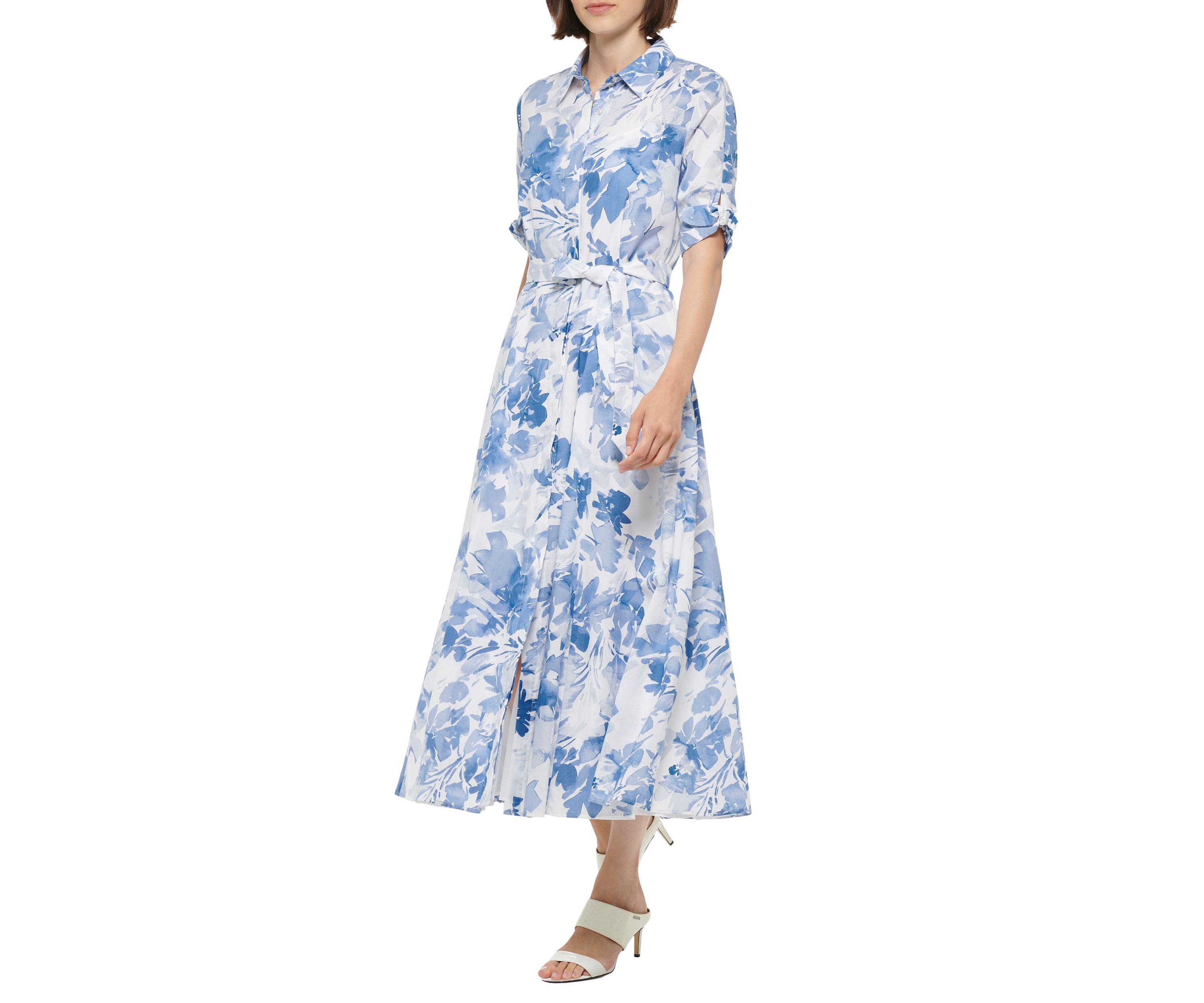 Womens Short Sleeve Collar Neck Floral Print Midi Dress