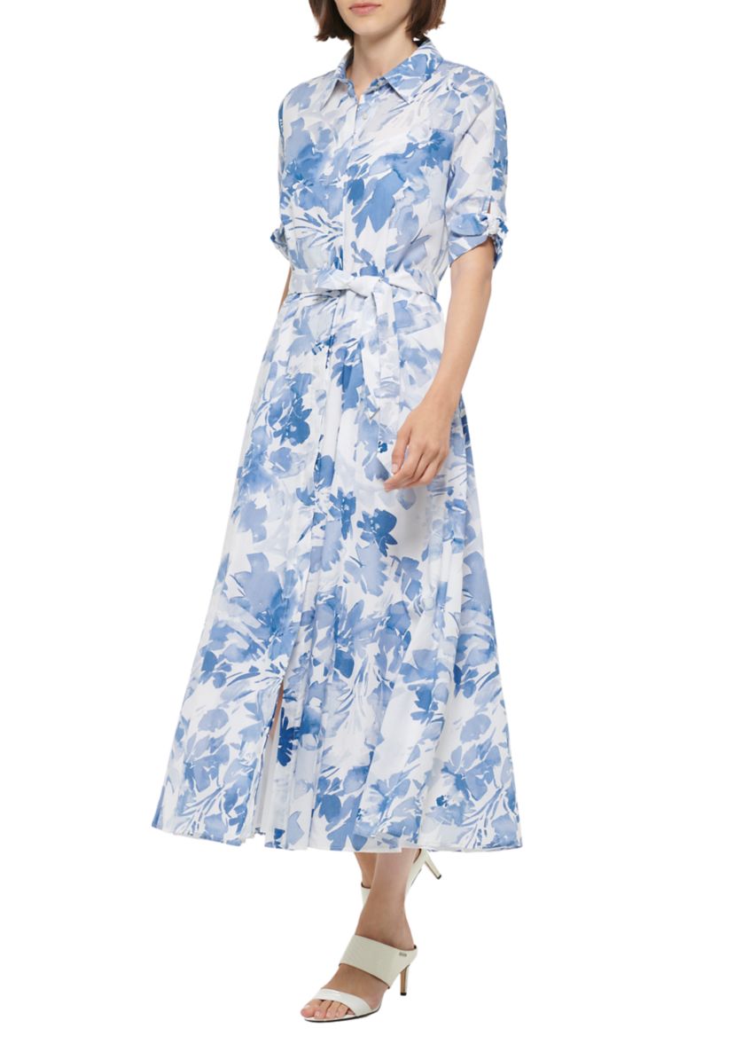 Womens Short Sleeve Collar Neck Floral Print Midi Dress