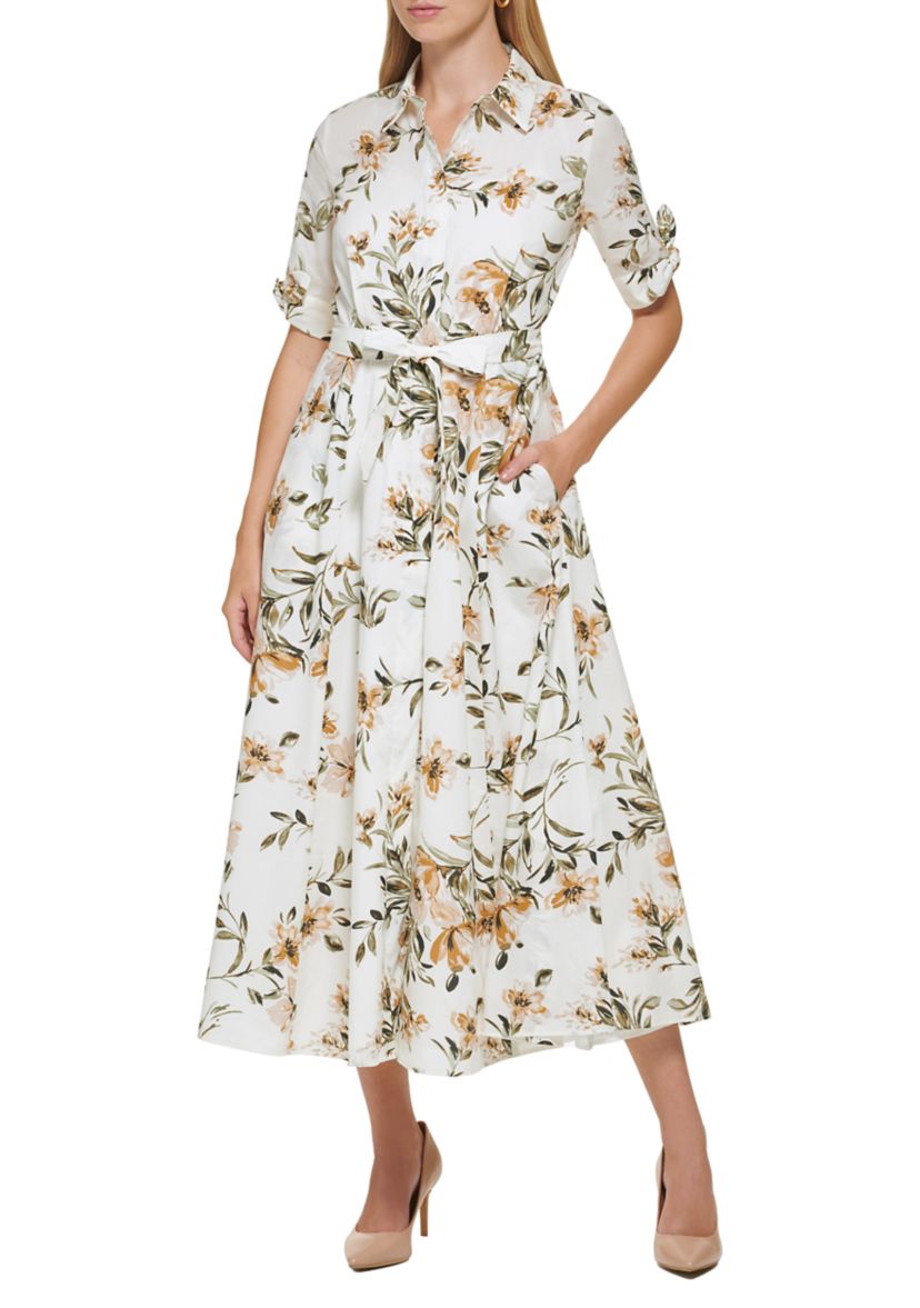 Womens Short Sleeve Collar Neck Tie Waist Midi Dress
