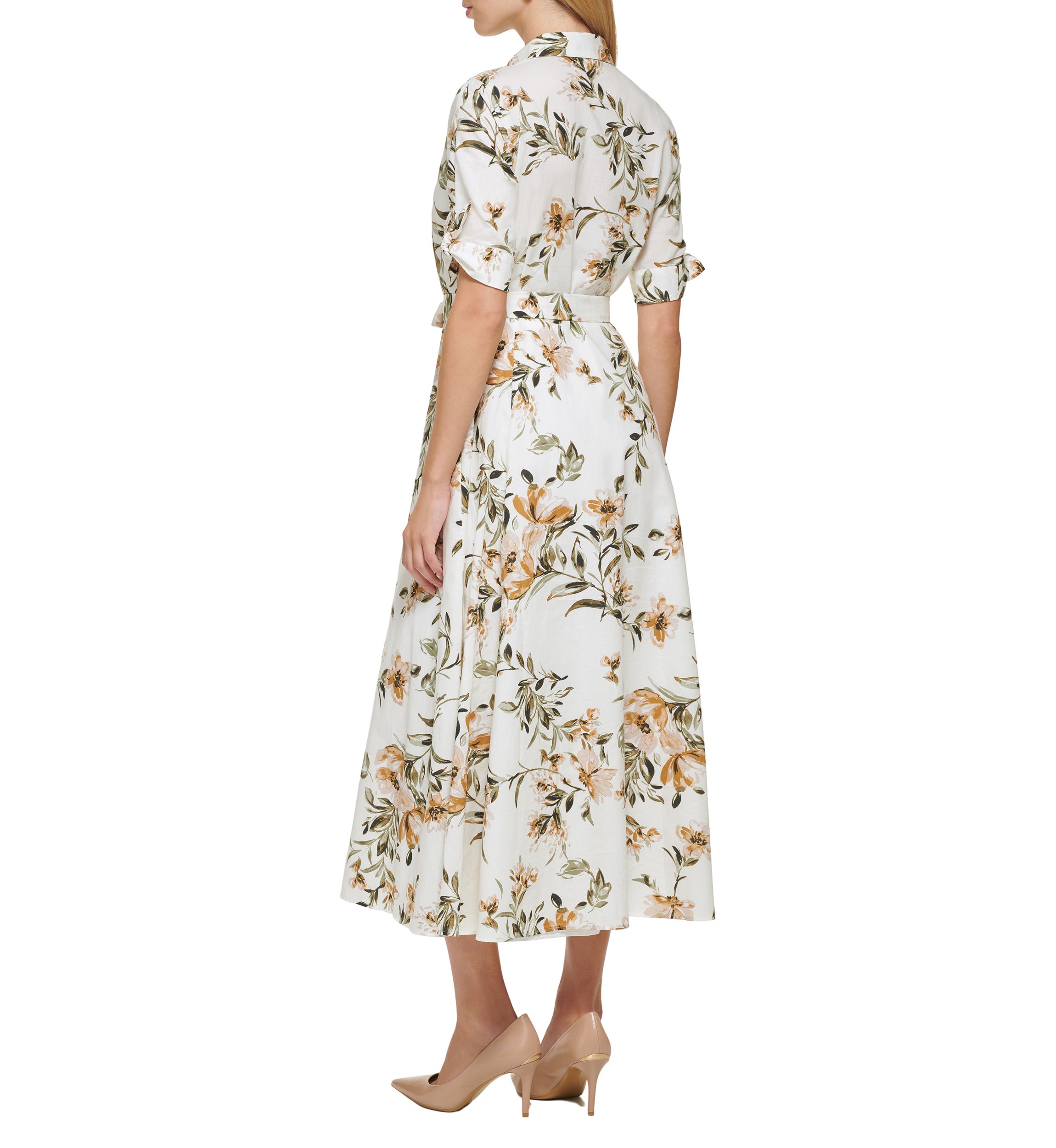 Womens Short Sleeve Collar Neck Tie Waist Midi Dress