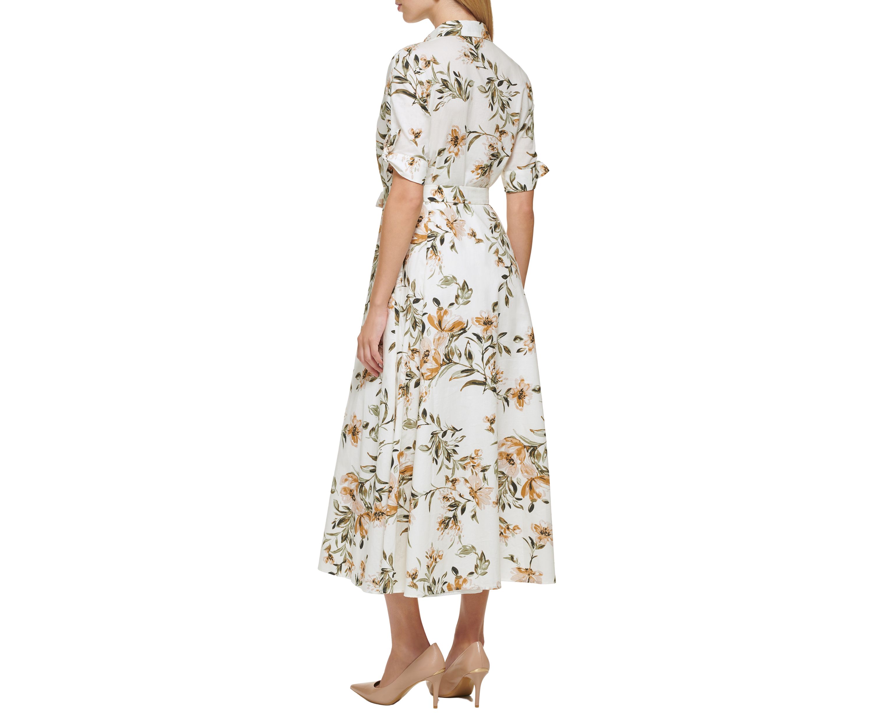 Womens Short Sleeve Collar Neck Tie Waist Midi Dress