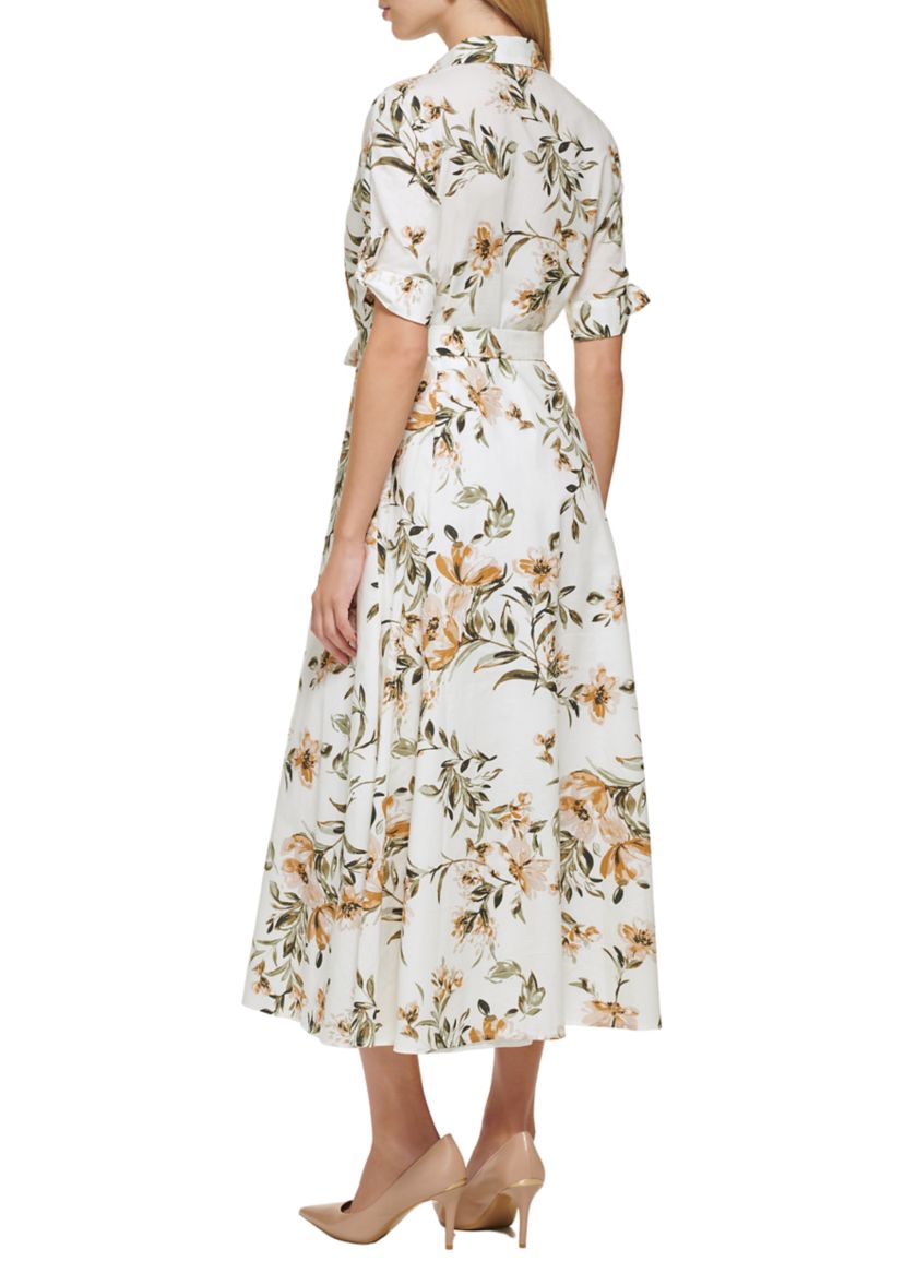 Womens Short Sleeve Collar Neck Tie Waist Midi Dress