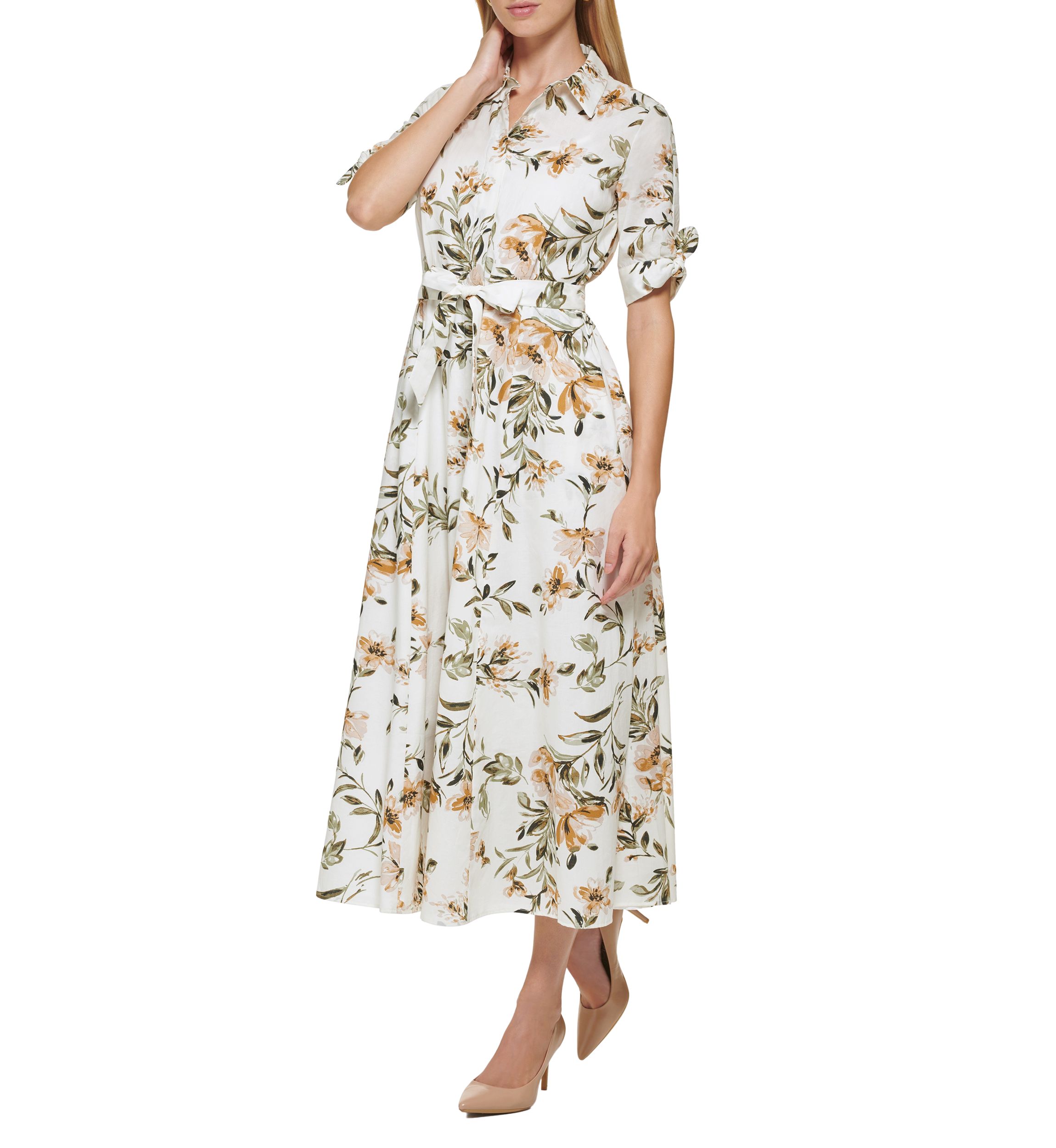 Womens Short Sleeve Collar Neck Tie Waist Midi Dress