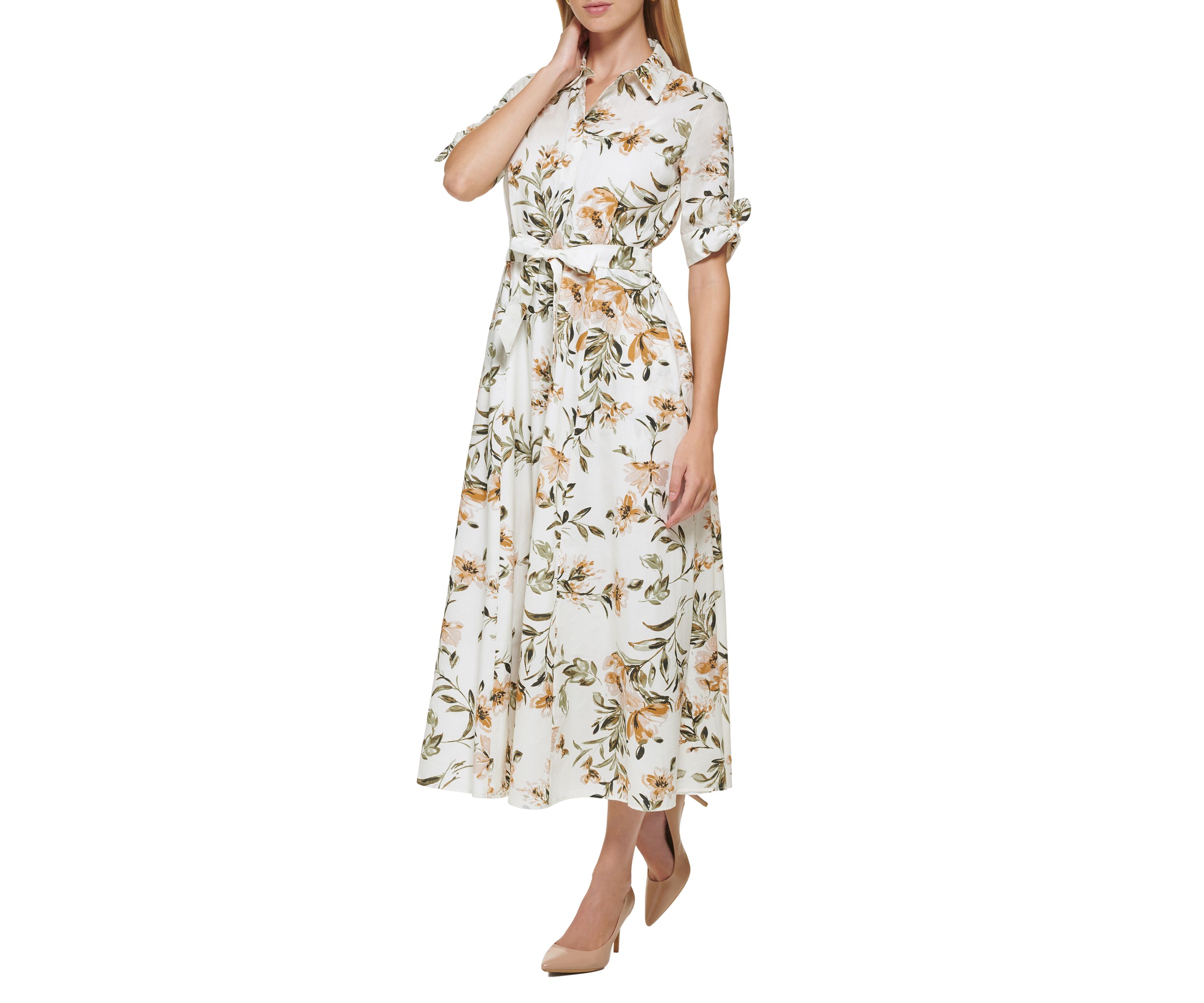 Womens Short Sleeve Collar Neck Tie Waist Midi Dress