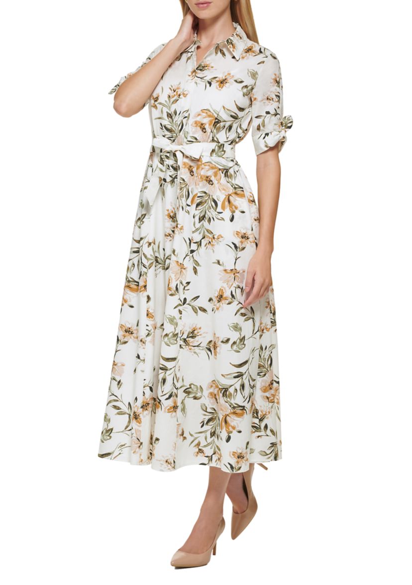 Womens Short Sleeve Collar Neck Tie Waist Midi Dress