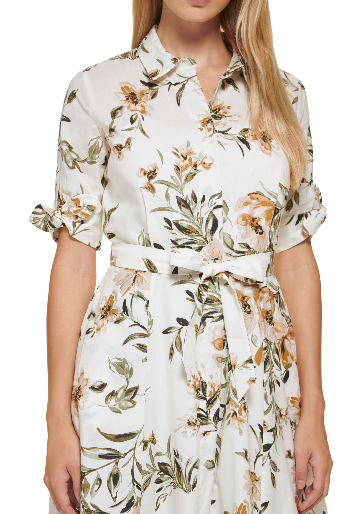 Womens Short Sleeve Collar Neck Tie Waist Midi Dress