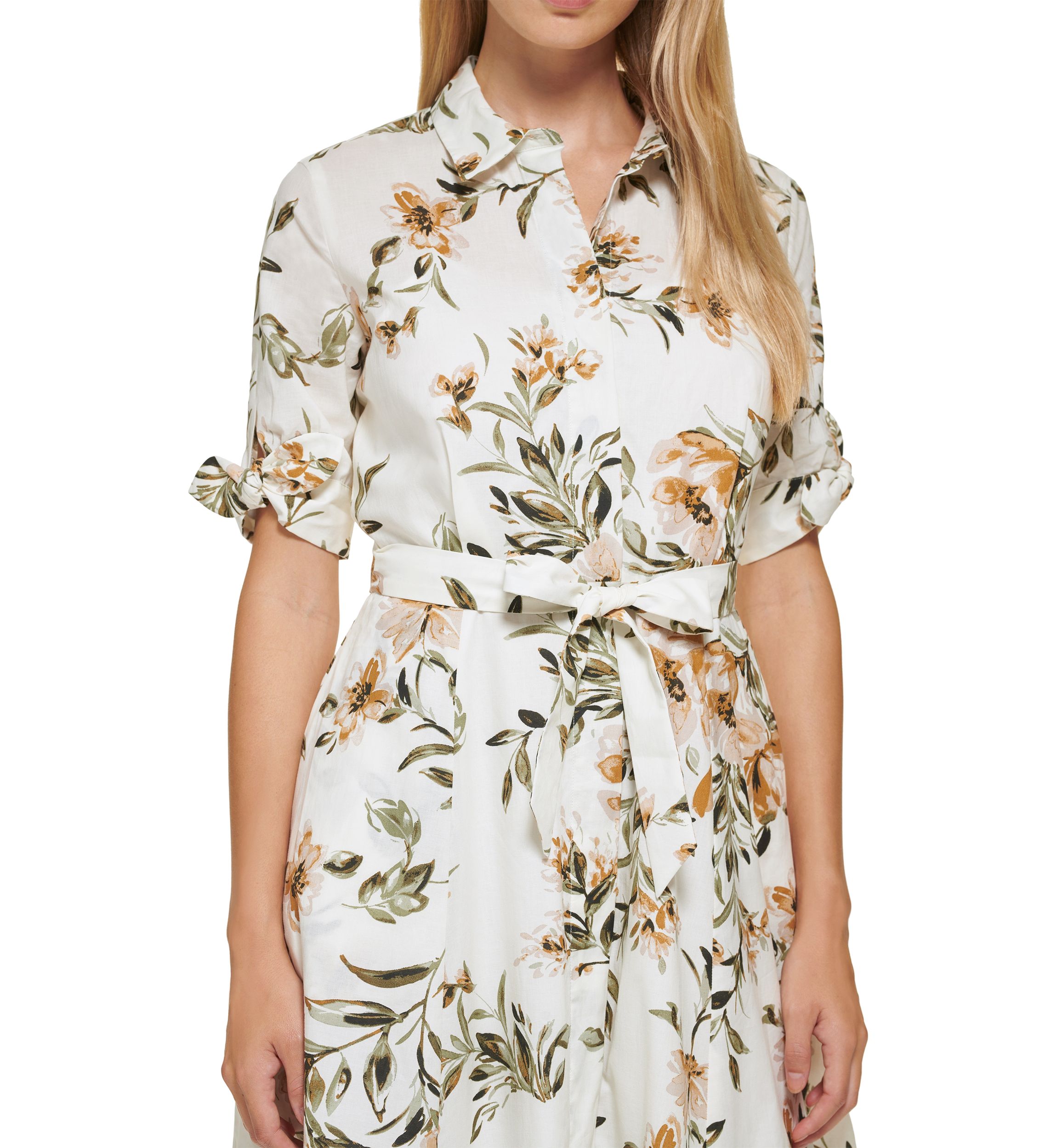 Womens Short Sleeve Collar Neck Tie Waist Midi Dress