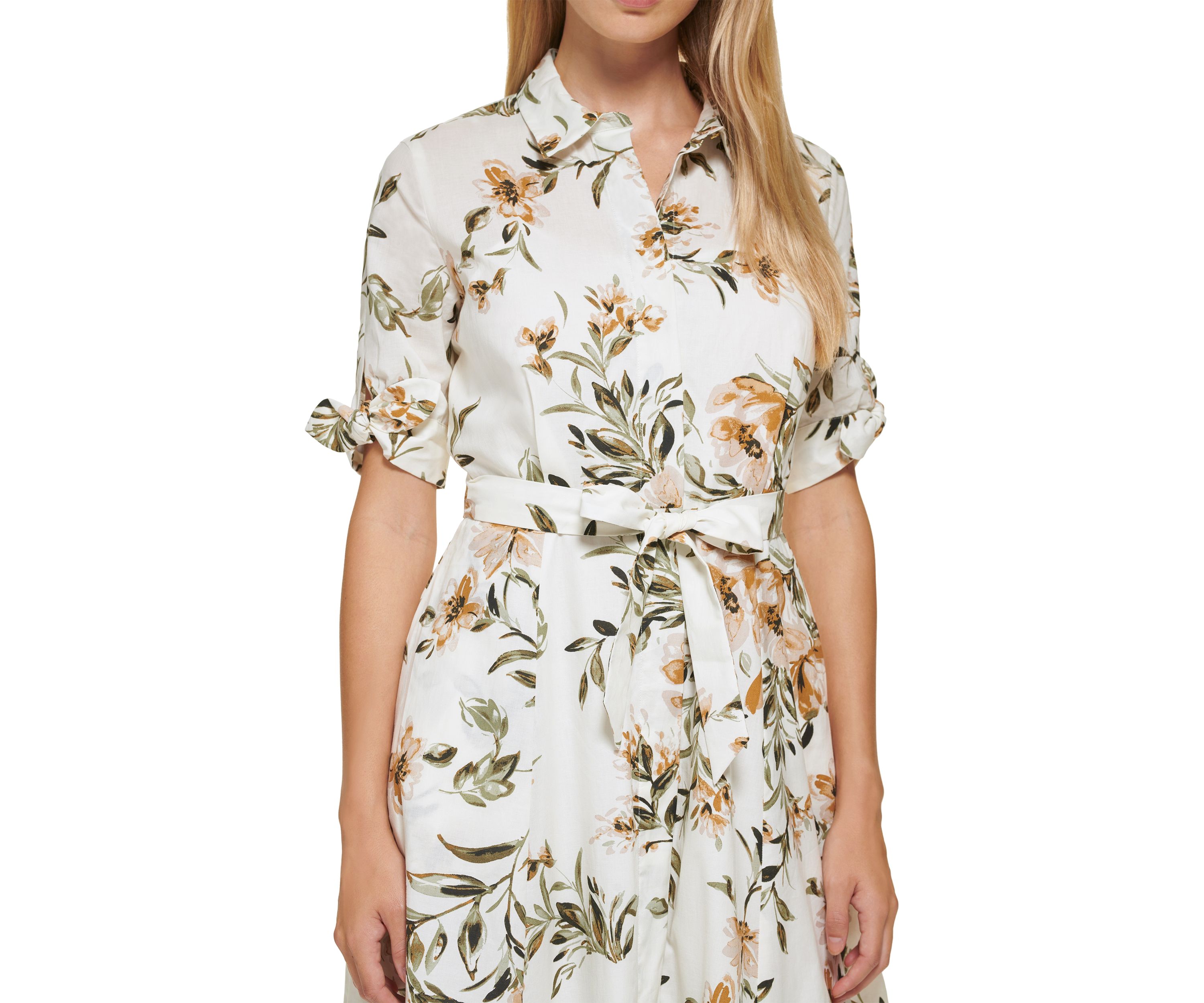 Womens Short Sleeve Collar Neck Tie Waist Midi Dress