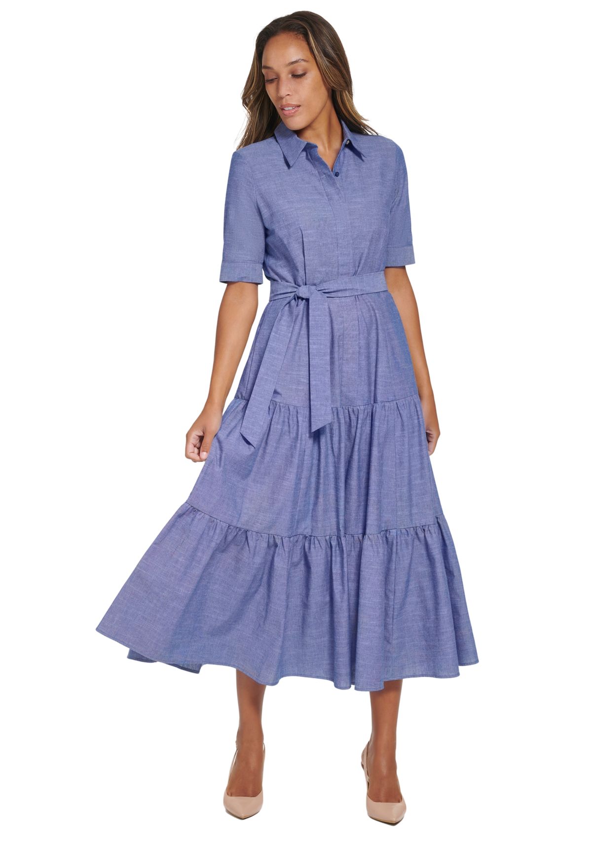 Womens Elbow Sleeve Collared Belted Dress