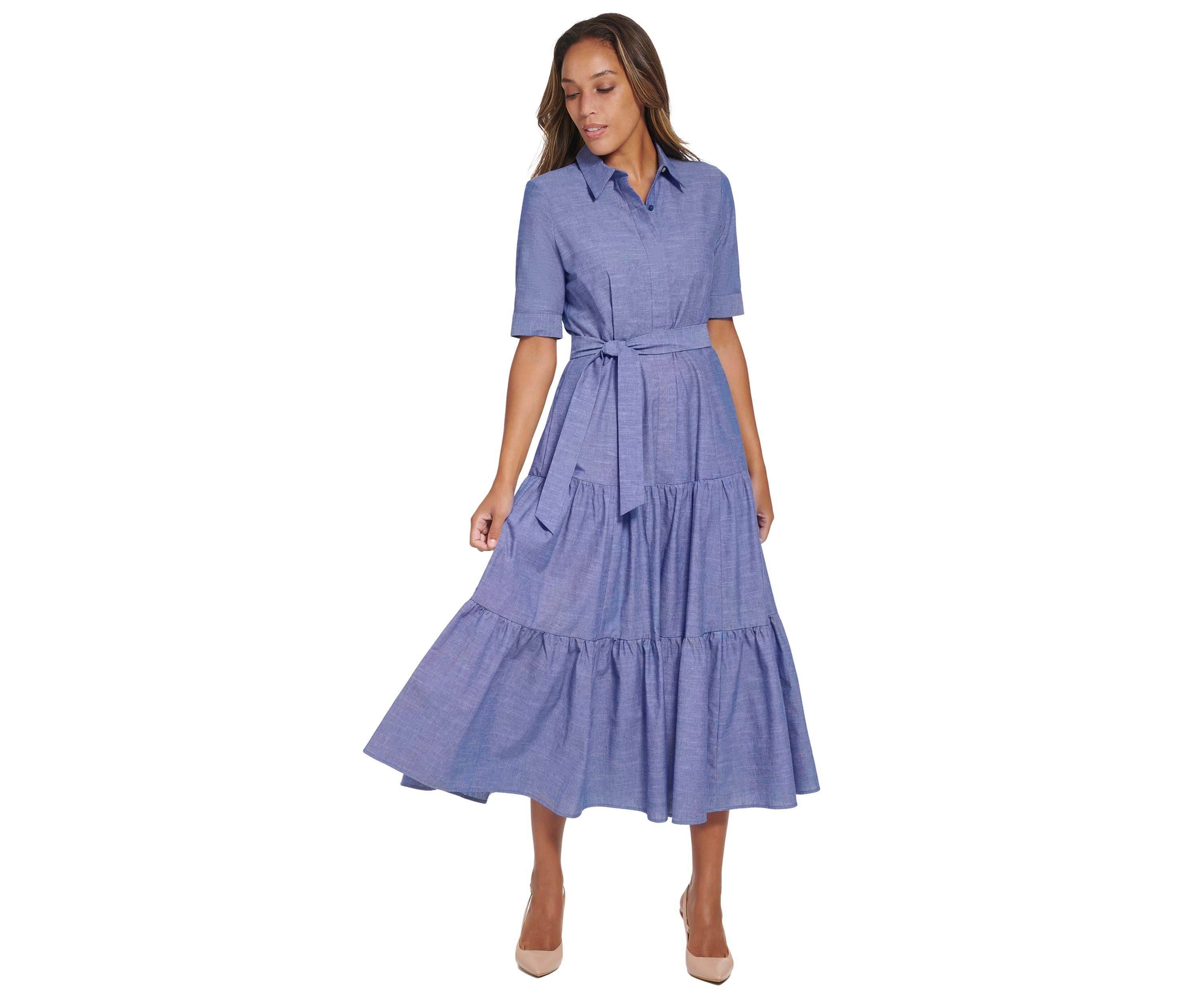 Womens Elbow Sleeve Collared Belted Dress