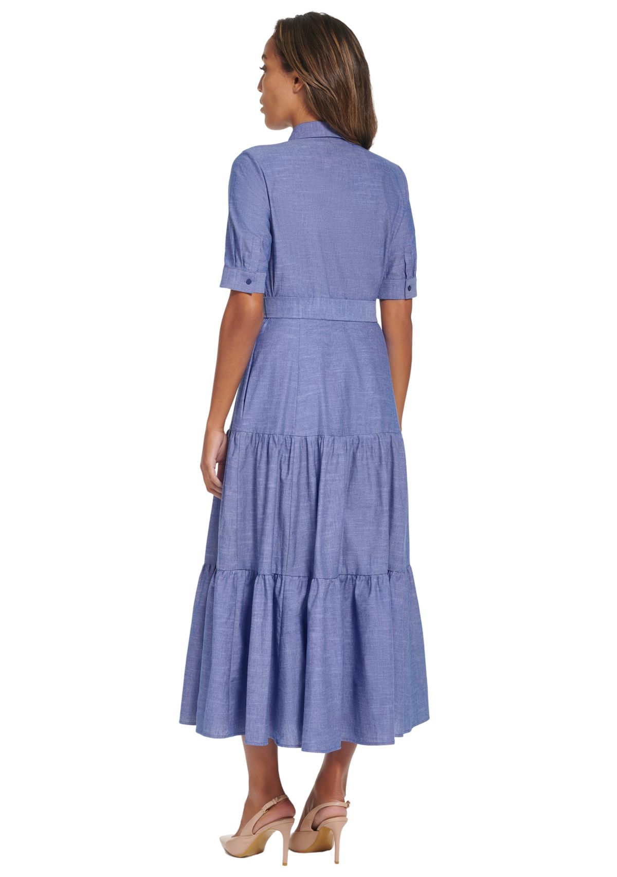 Womens Elbow Sleeve Collared Belted Dress