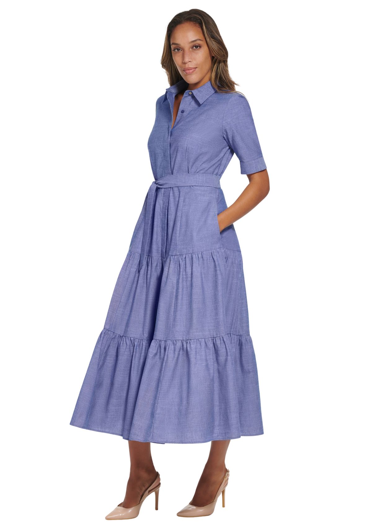 Womens Elbow Sleeve Collared Belted Dress