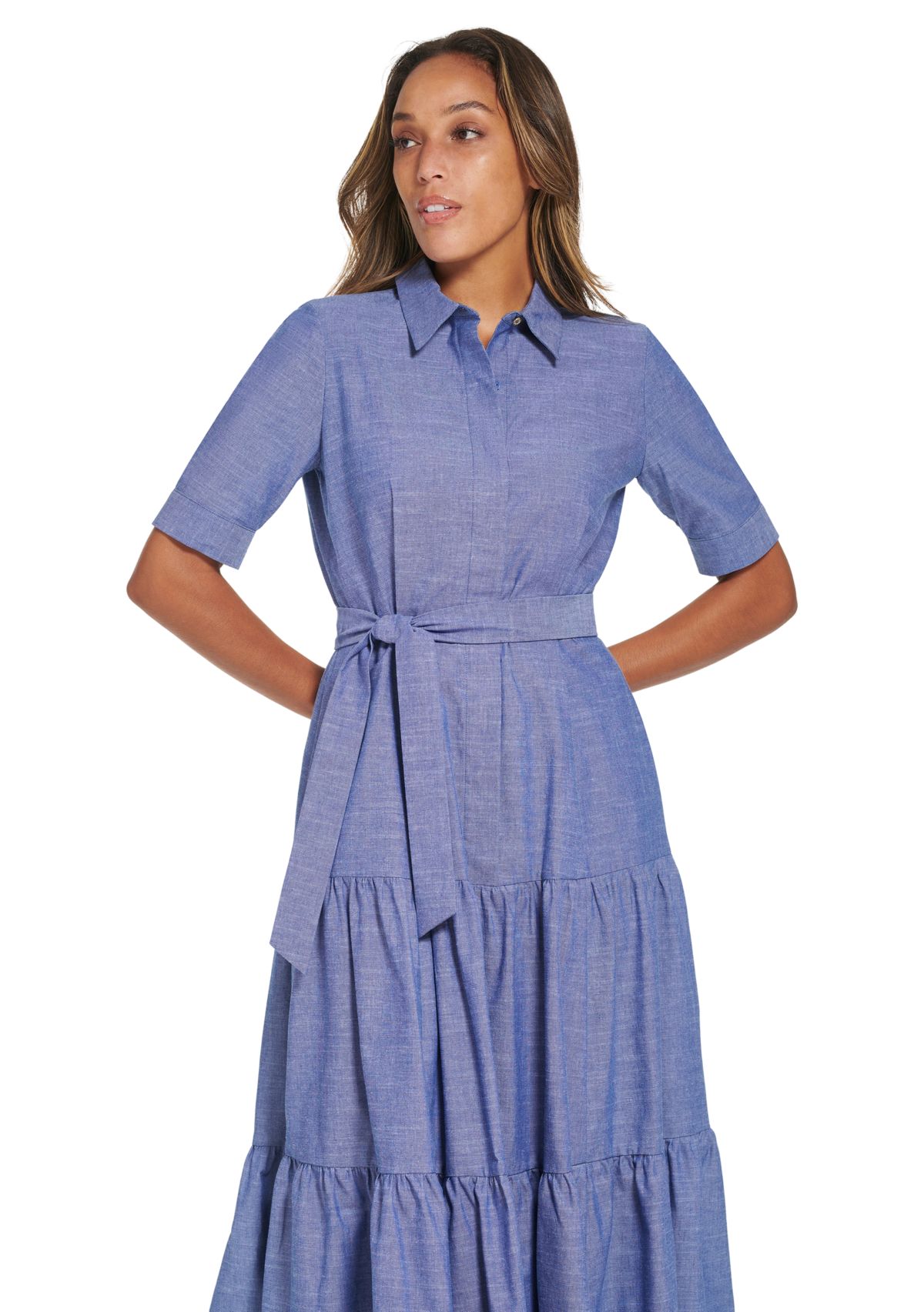 Womens Elbow Sleeve Collared Belted Dress