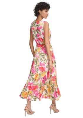 Women's Sleeveless V-Neck Floral Wrap Midi Dress